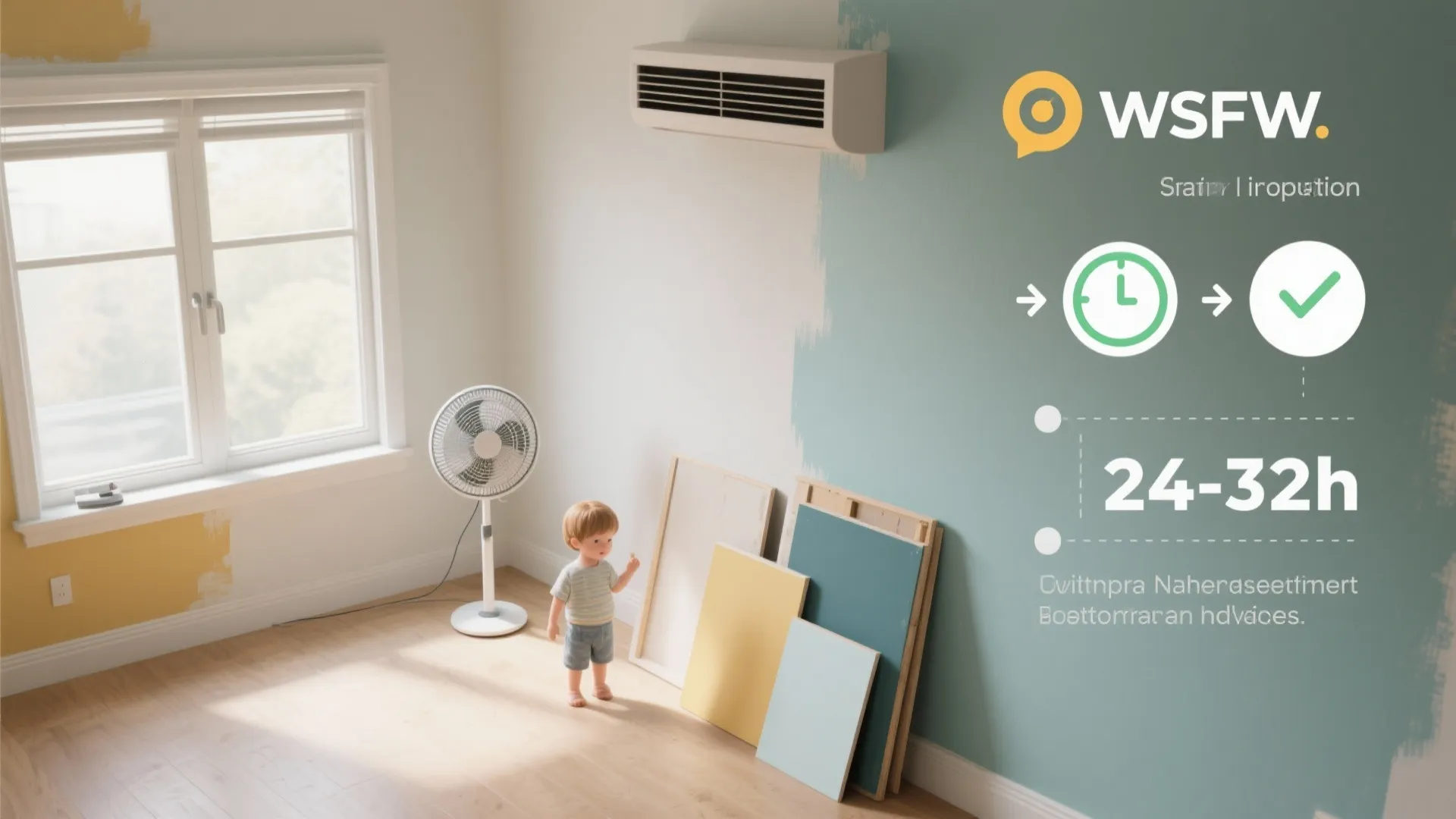 Top-down visual of ventilation and drying steps after painting, showing open windows, fan, and time indicators.