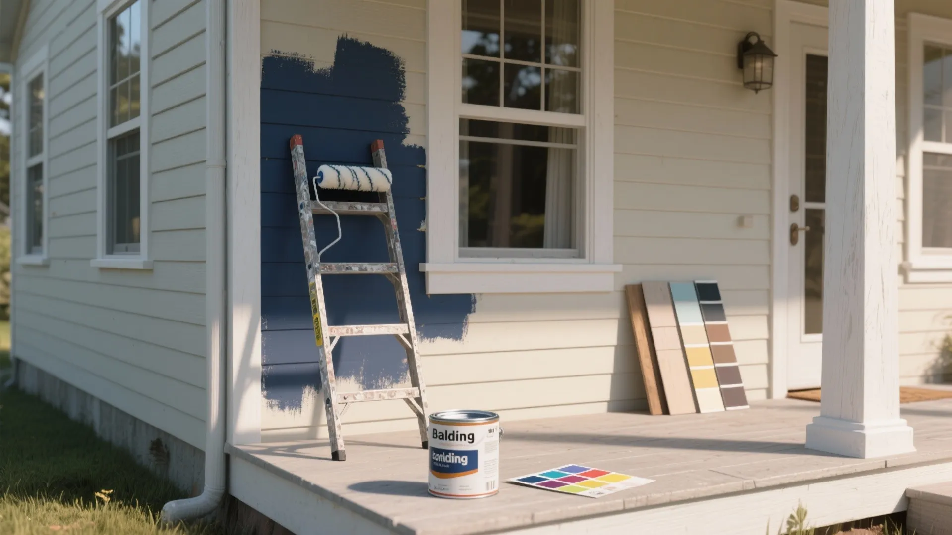 Ladder and paint roller next to a blue wall section on a cream colored porch