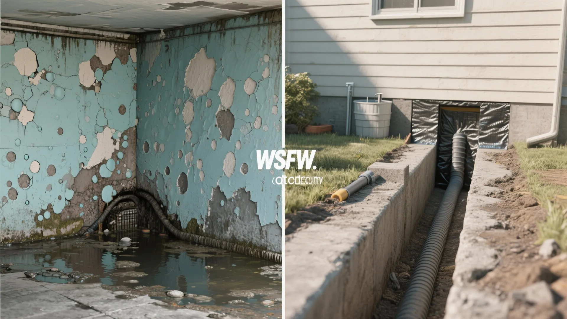 Before and after comparison of flooded room versus newly installed exterior ground drainage pipe system