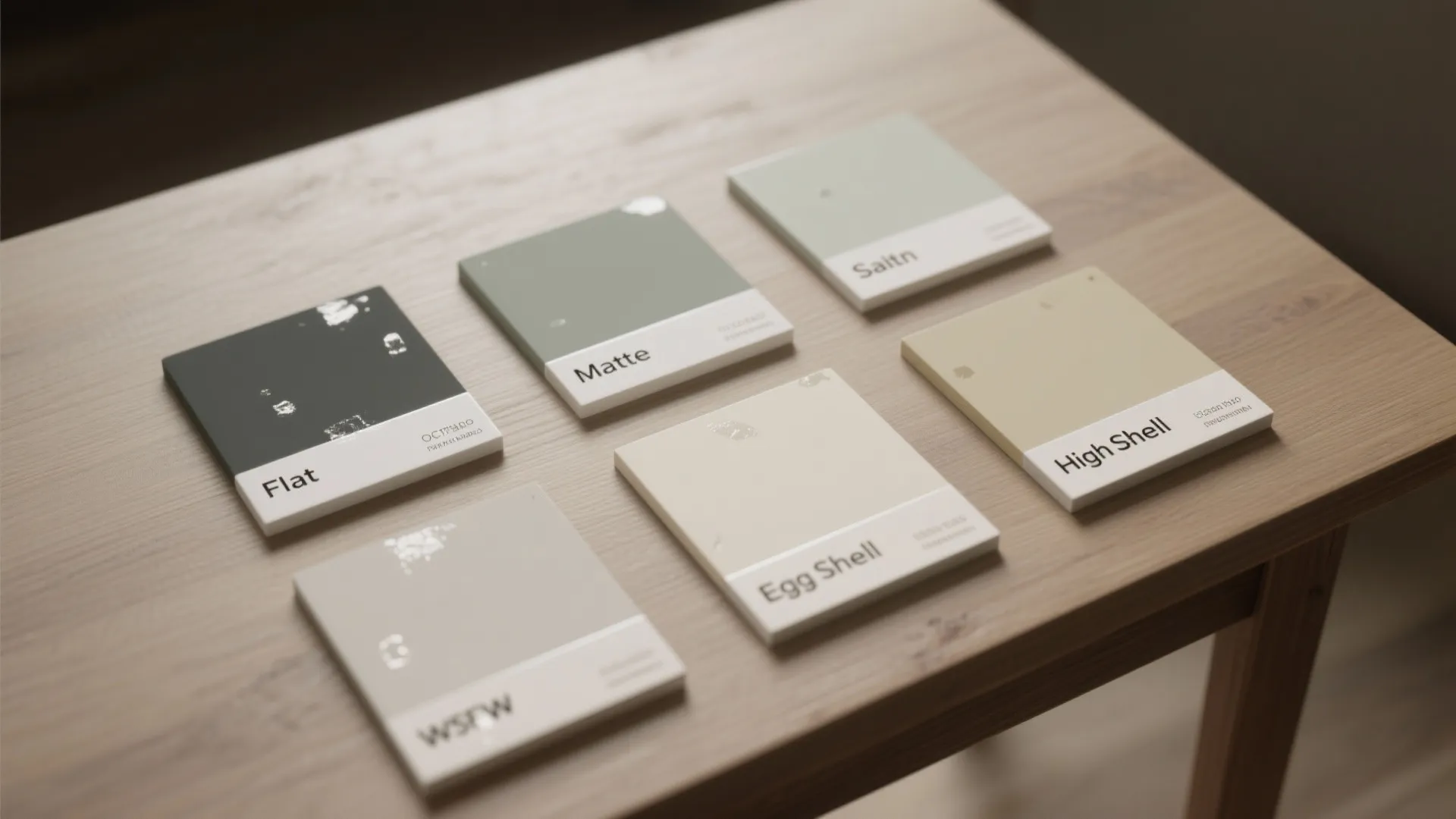 Six different paint color samples including matte and egg shell finishes displayed on a table