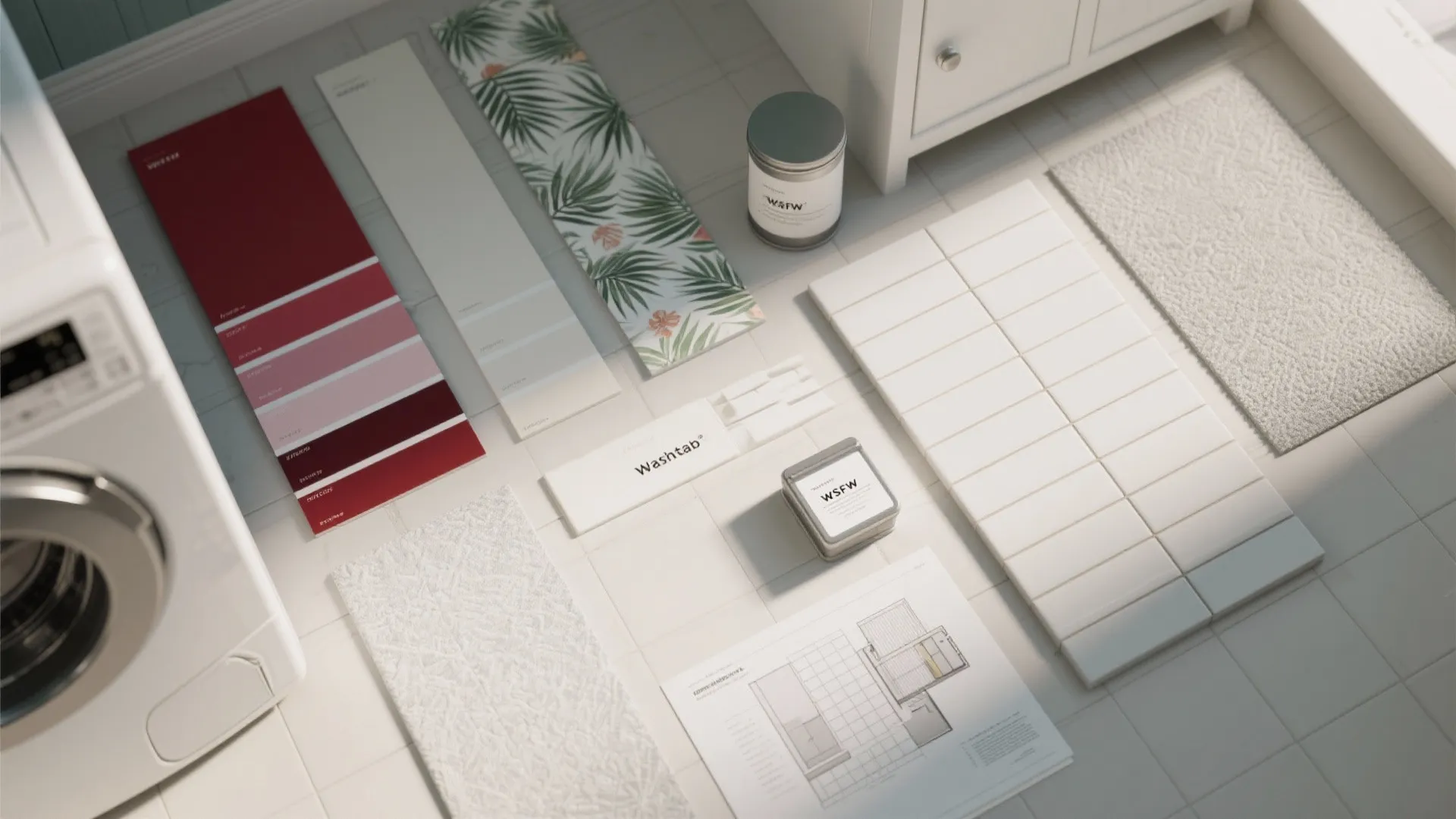 Selection of paint color swatches floral wallpaper tiles and floor plan on a light floor