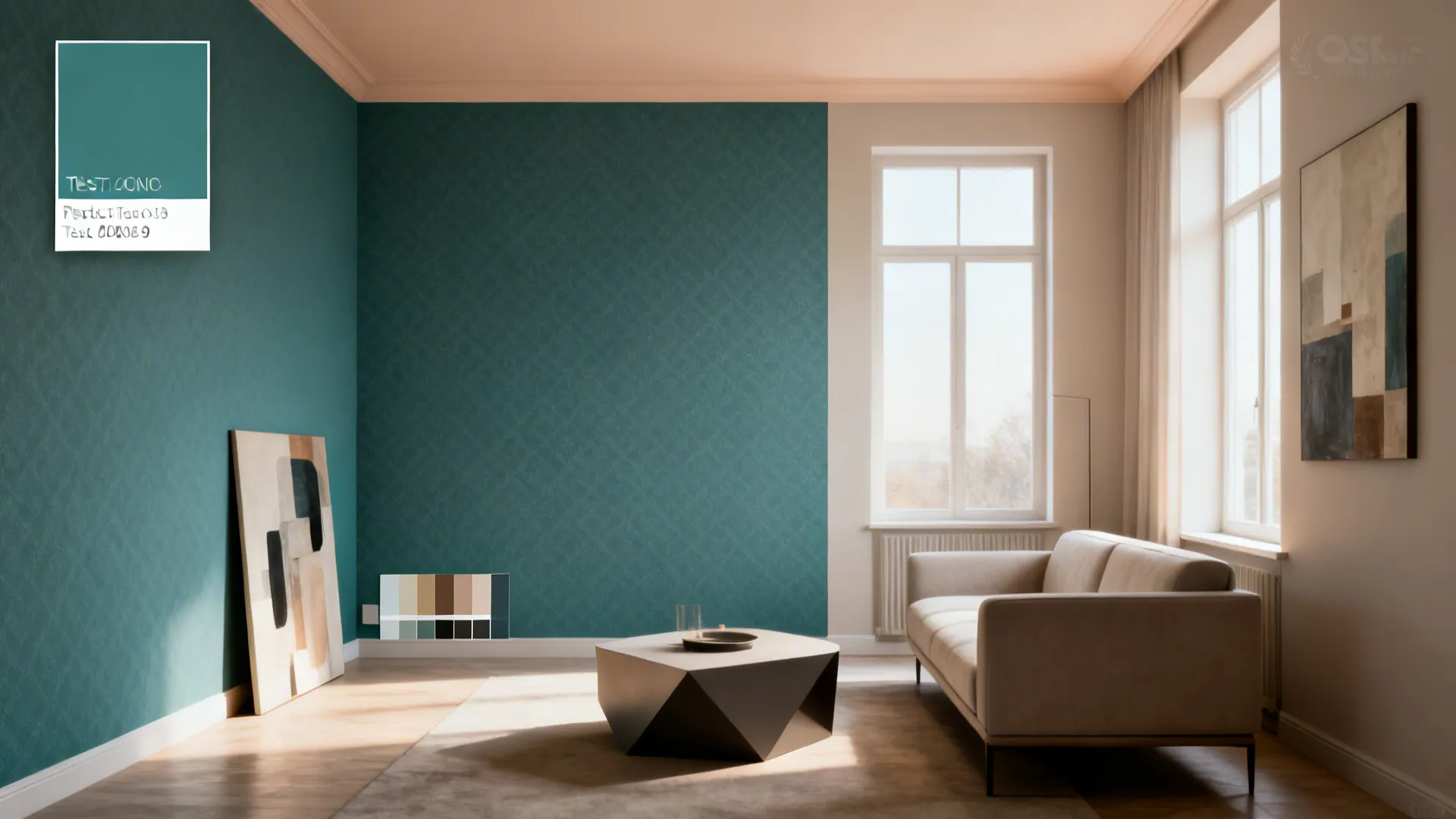 Small living room with a muted teal accent wall and peel-and-stick wallpaper sample.
