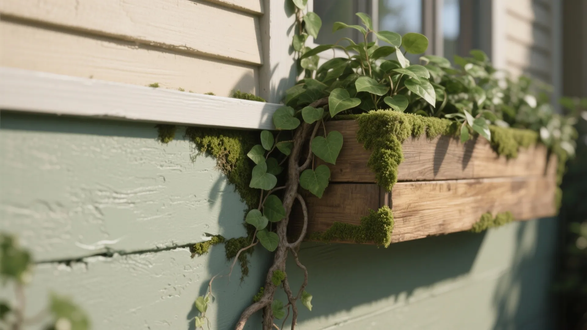Wooden window box with green plants and moss attached to a light green exterior wall