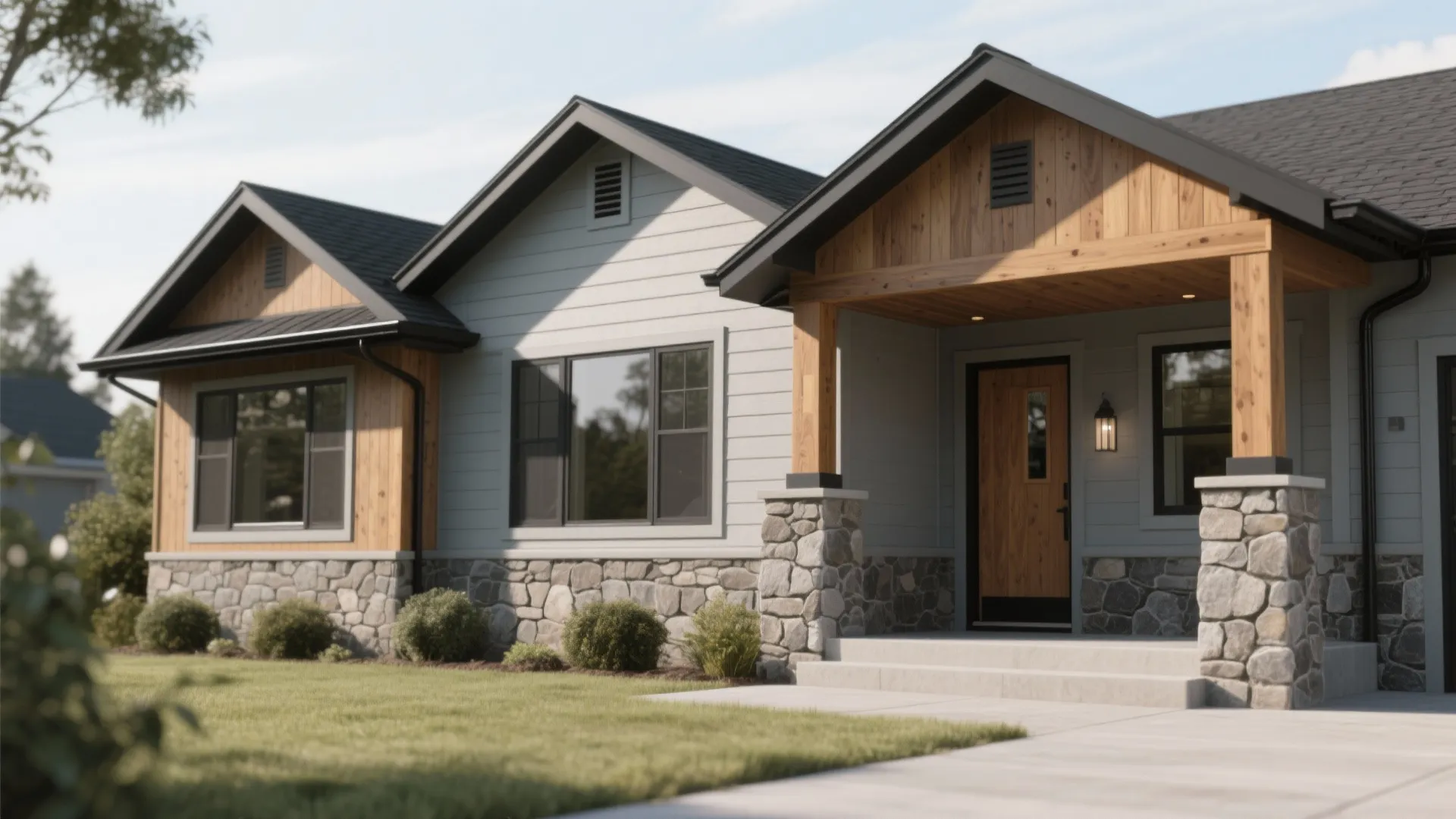 Modern house exterior featuring grey siding wood panels stone base green lawn and bright sky