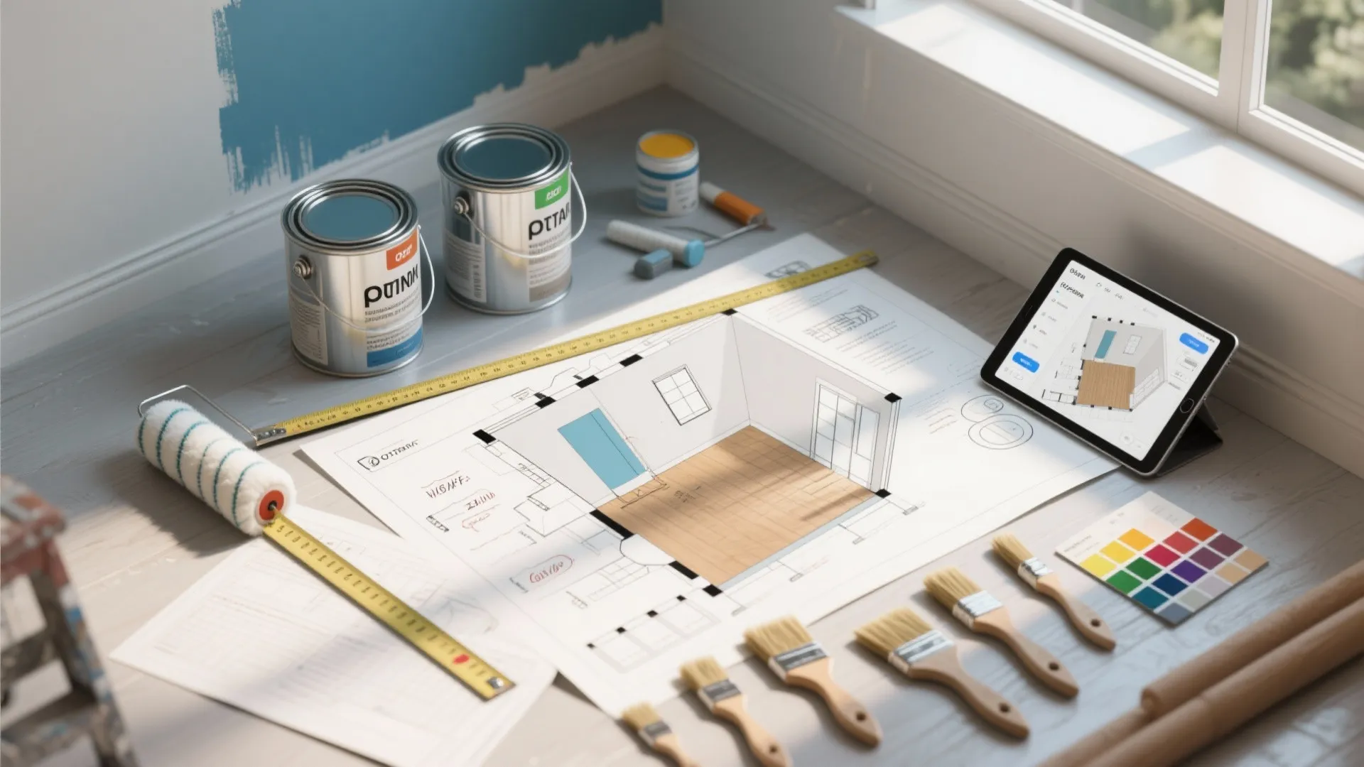 Interior design drawing with paint cans brushes color swatches and a tablet showing floor plan