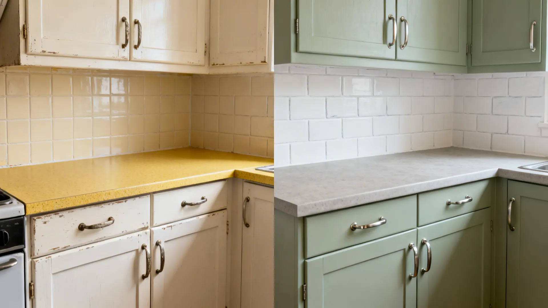 Before-and-after kitchen showing painted doors, white tiles, and a vinyl-wrapped worktop.
