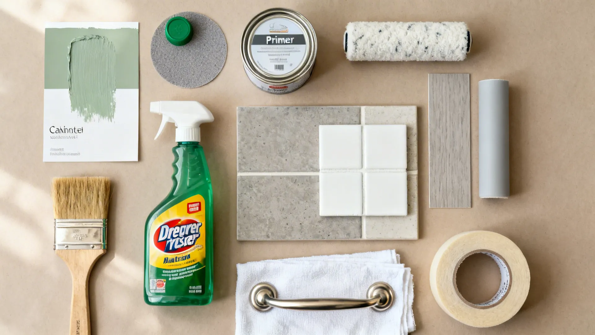 Top-down material board with sage paint, vinyl wrap, sandpaper, primer, and handles.