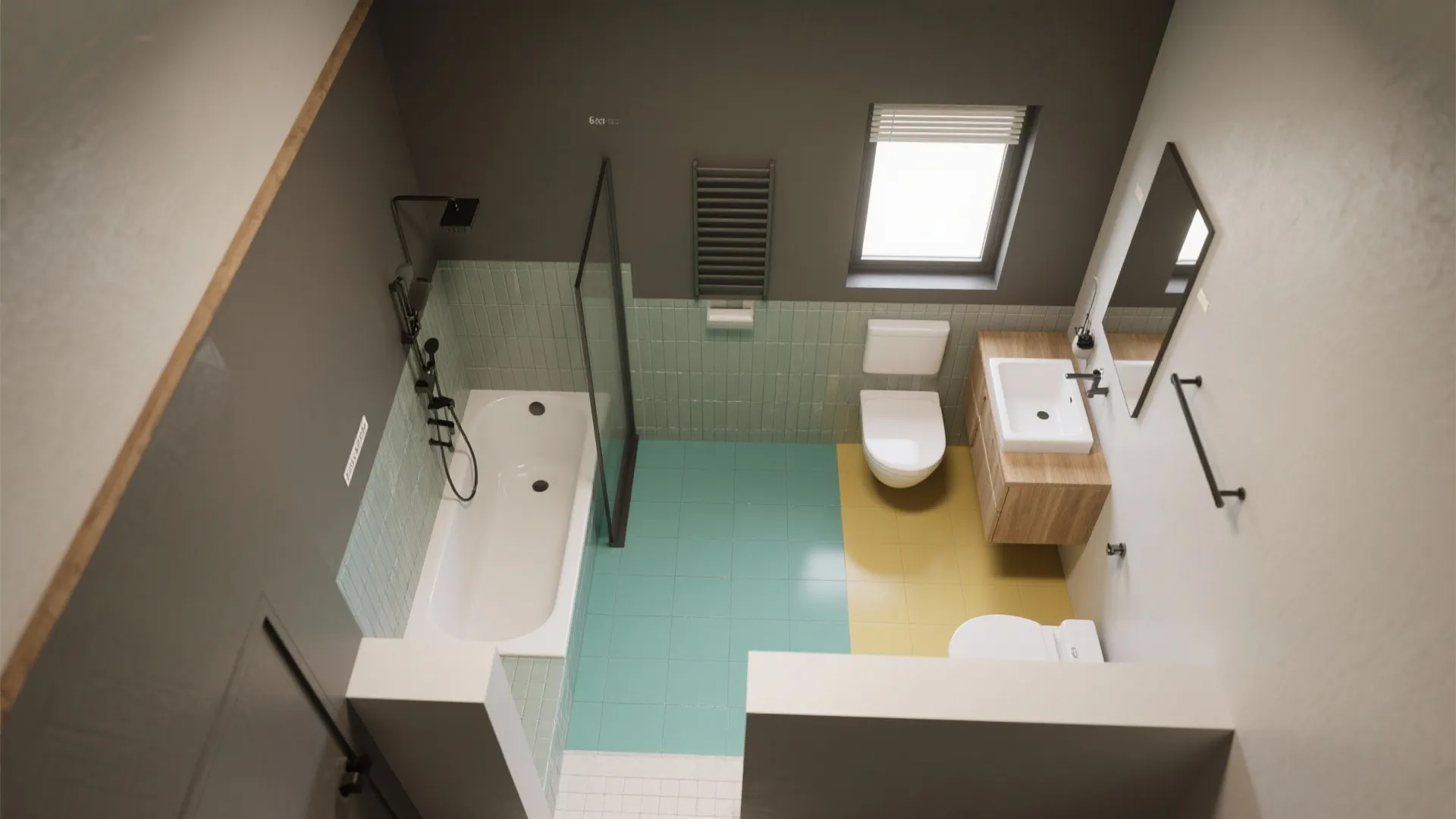 Modern bathroom layout with white bathtub toilet wooden sink cabinet and green floor tile design drawing