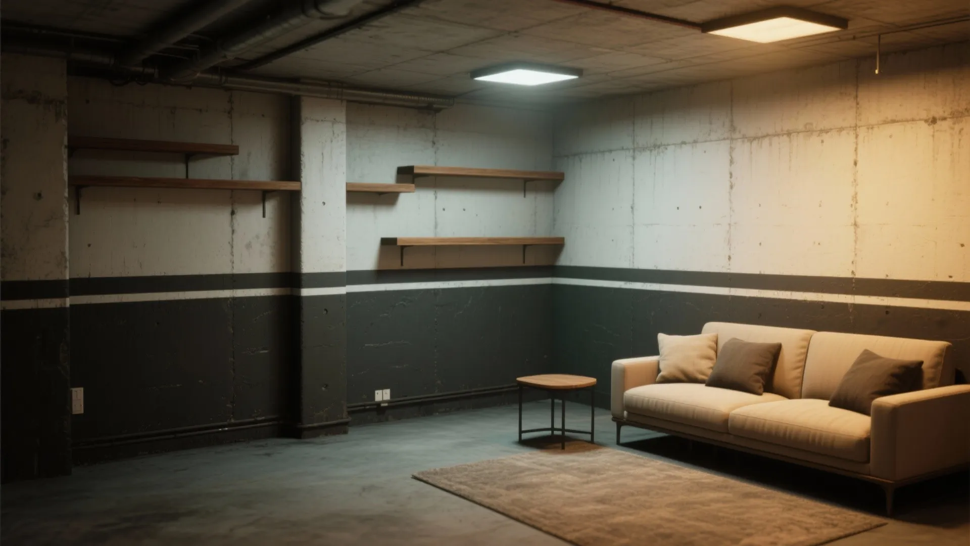 Industrial living room with concrete wall panels wooden shelves cream sofa small table and rug