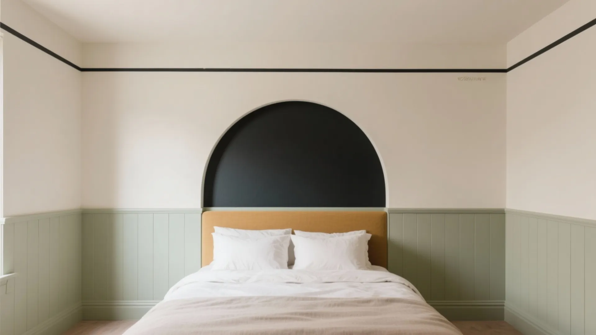 Minimalist bedroom with green wall panel yellow headboard and a black painted arch wall design