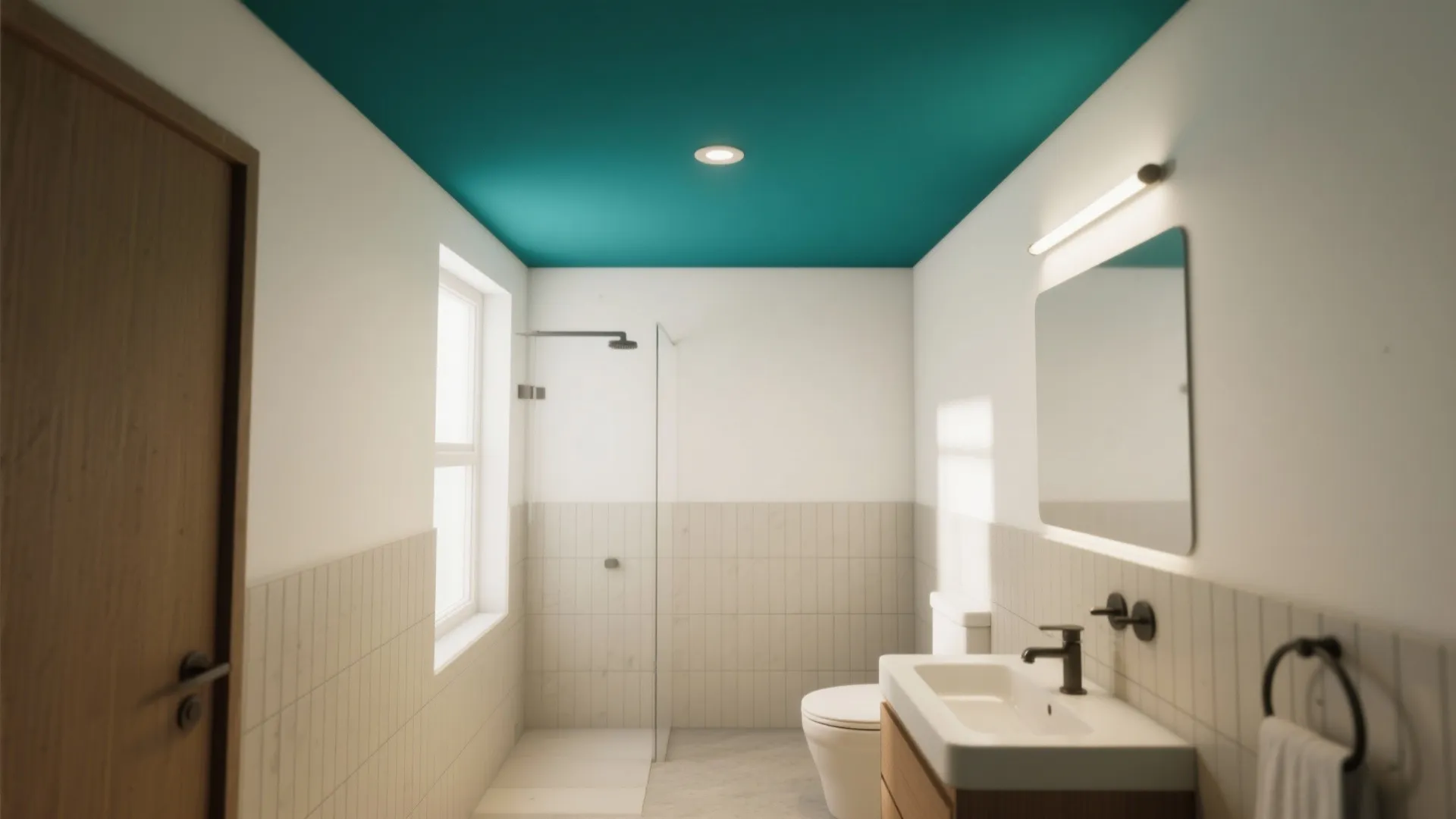 Modern bathroom with teal painted ceiling white wall tiles glass shower door and wood sink cabinet