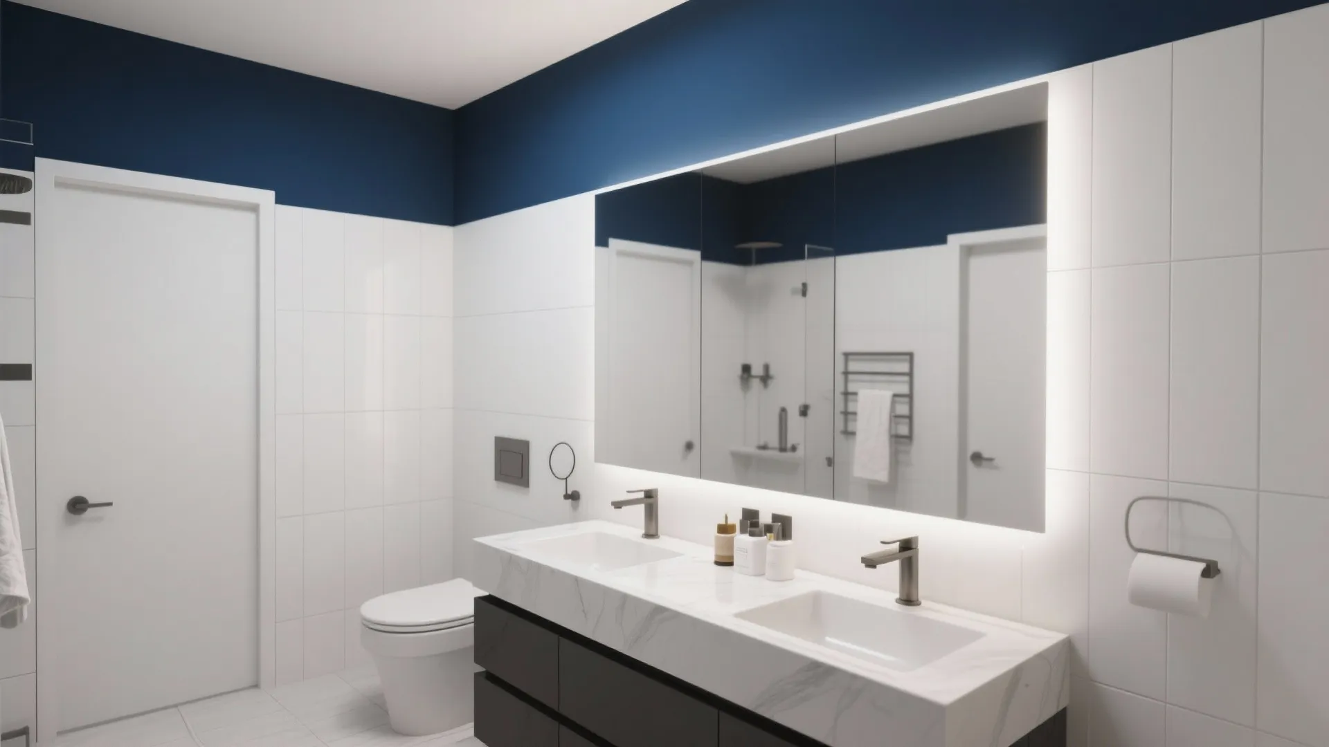 Bathroom with navy coving and white walls