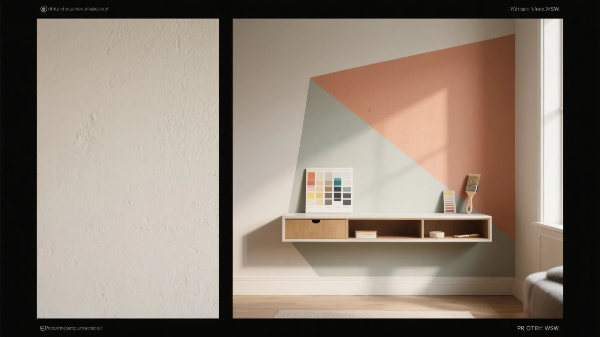 Modern wall mural with orange and grey geometric shapes above a floating wooden cabinet drawer