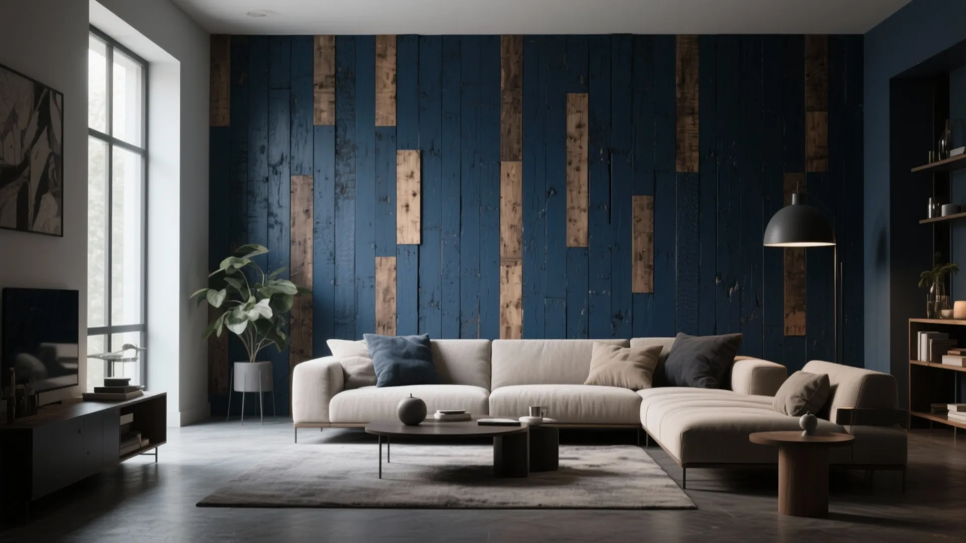 Contemporary living room with blue wood wall panel and beige sofa on a grey rug
