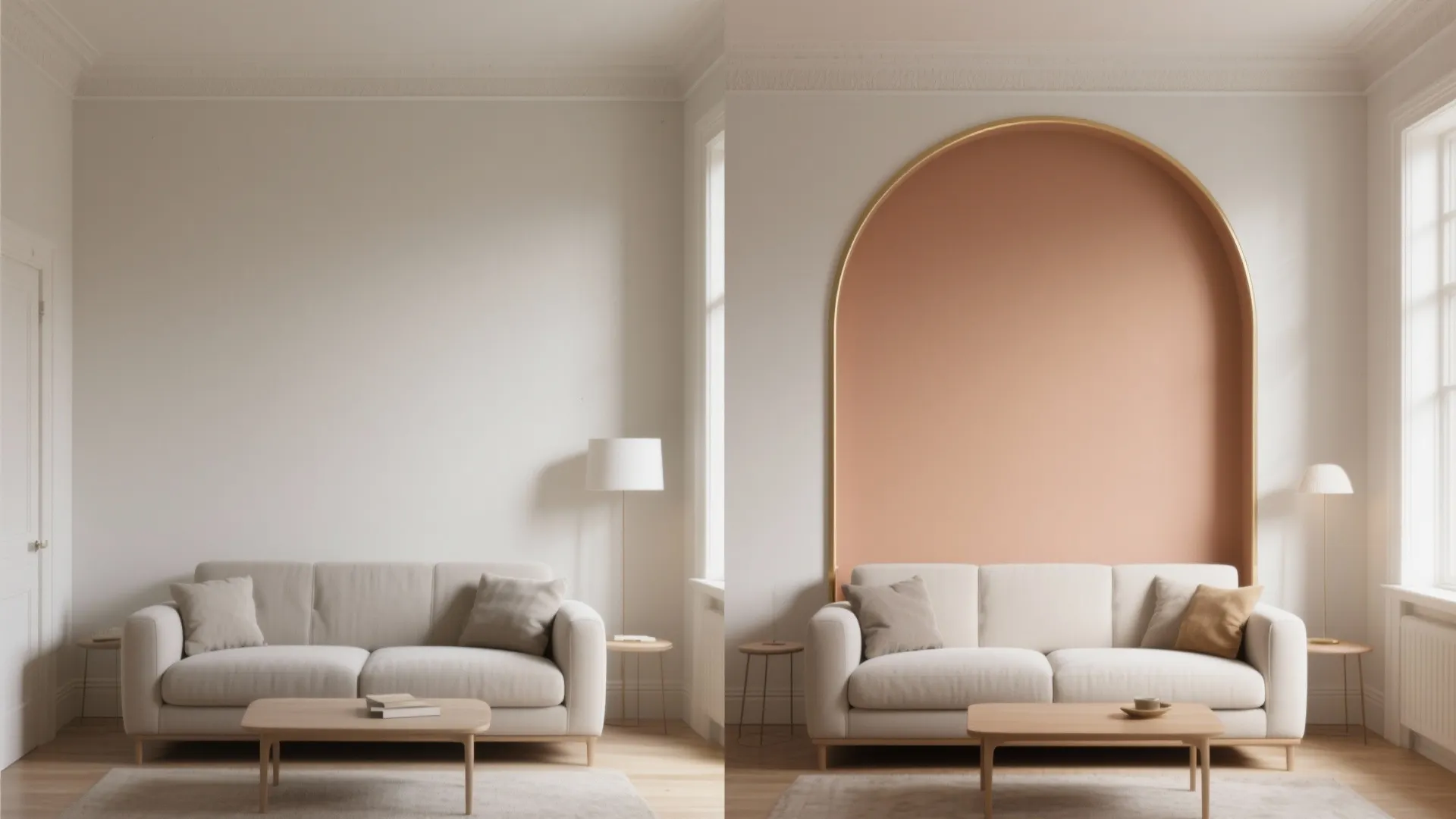 Before and after comparison of a plain white wall transformed with a pink arch shape