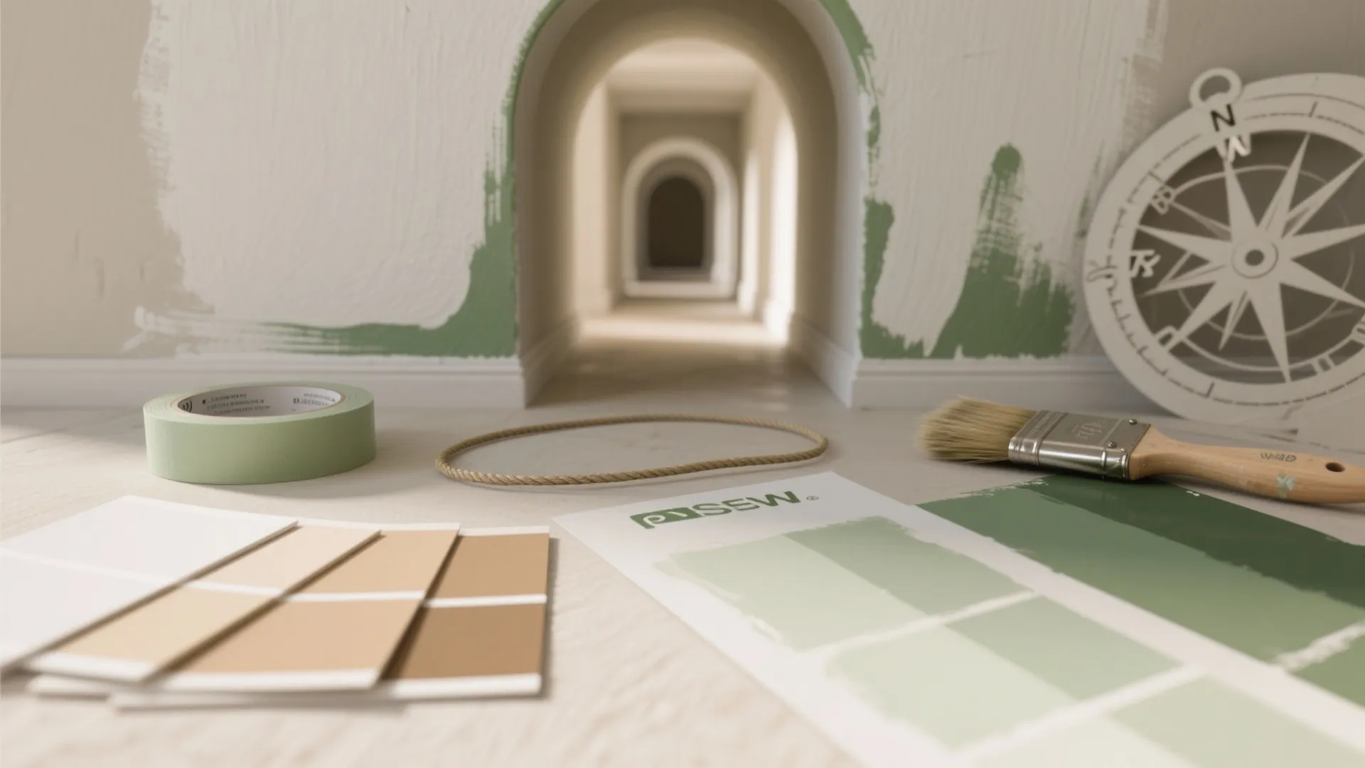 Paint swatches masking tape and a brush sitting on a floor before a green archway