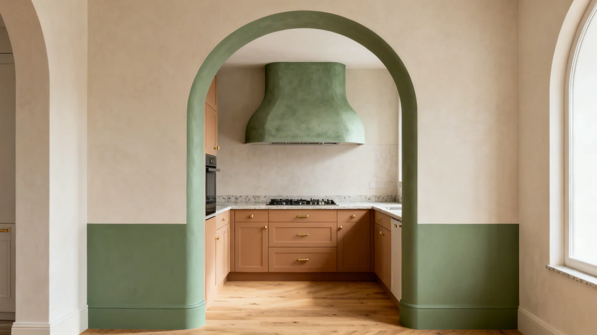 Small open kitchen with a painted archway and a softly curved plaster range hood in muted green.