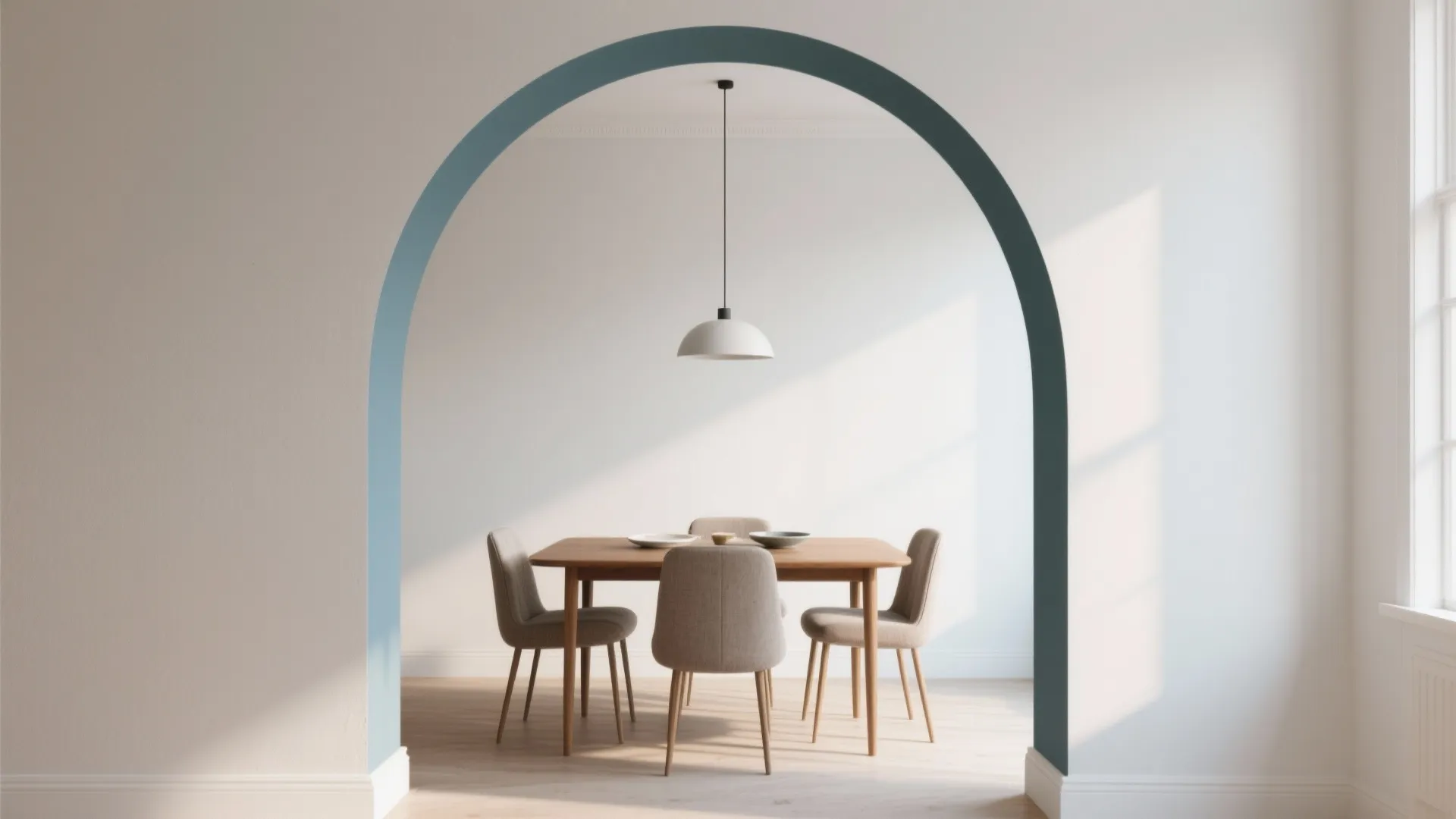 Minimalist dining room viewed through a blue painted wall arch with wooden table and chairs