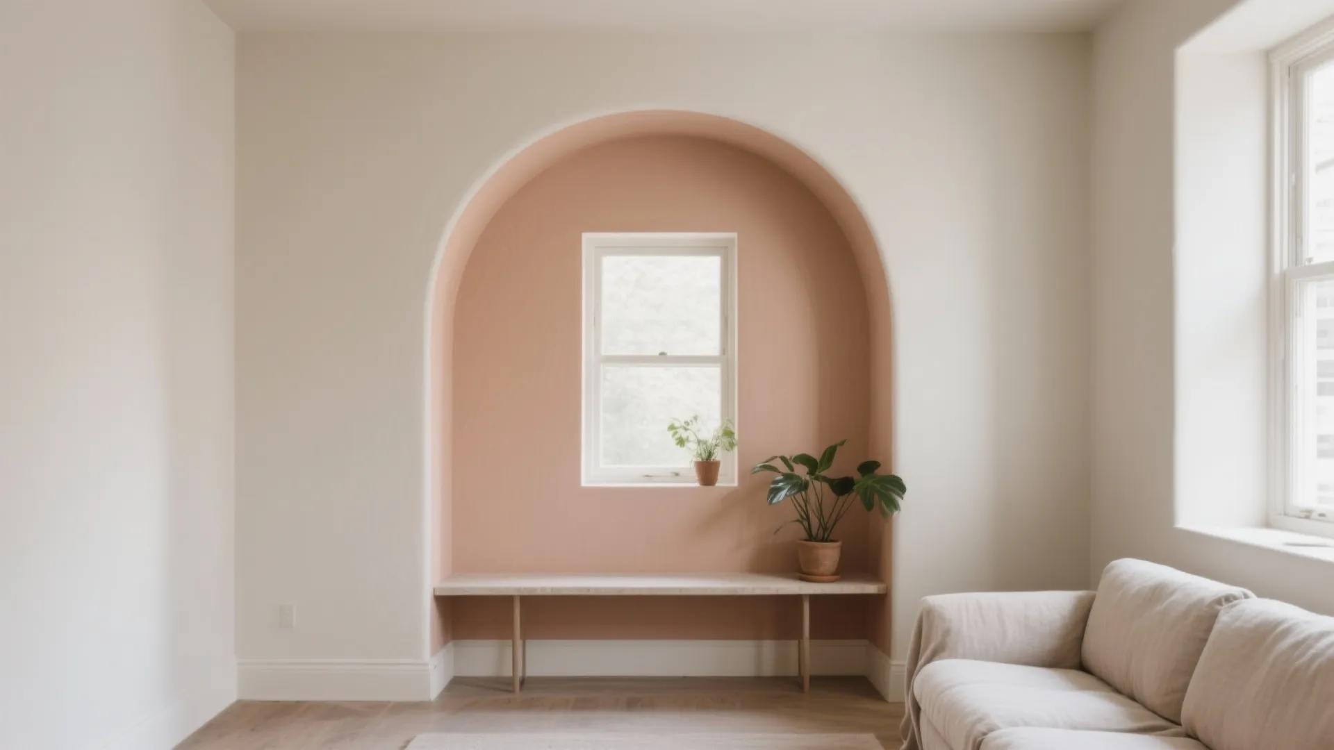 Minimalist living room featuring a pink painted wall arch with window wooden bench and sofa