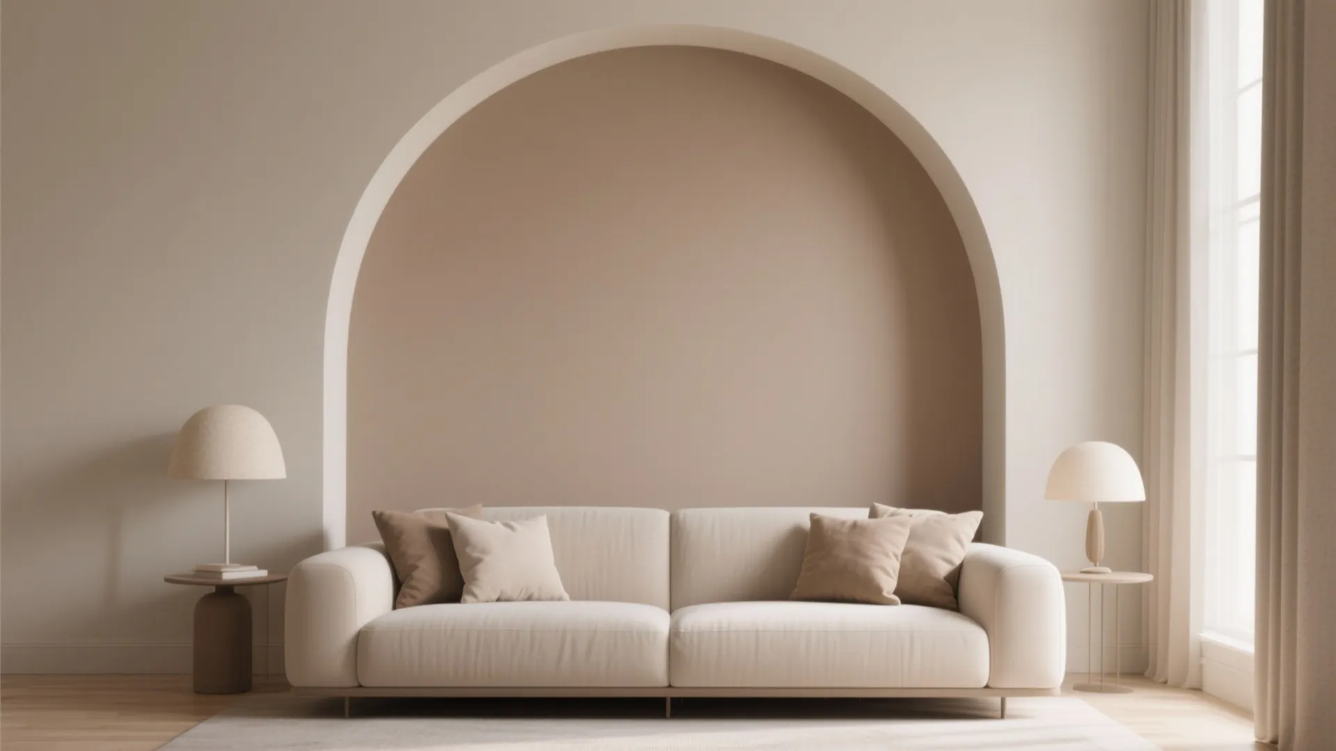 Minimalist living room with beige sofa set against a large painted wall arch and lamps