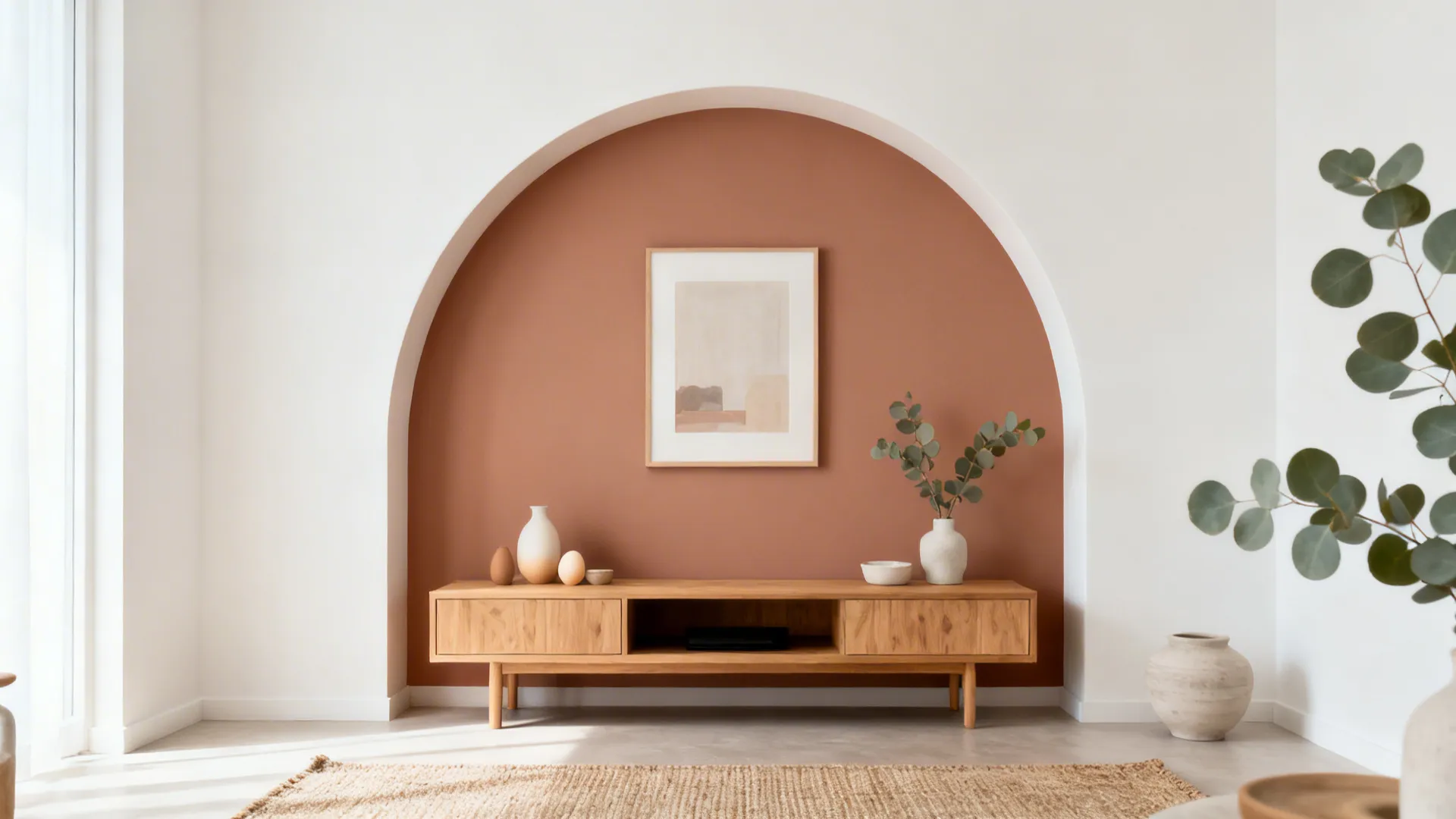 Living room wall with a simple clay-colored painted arch behind a media console.