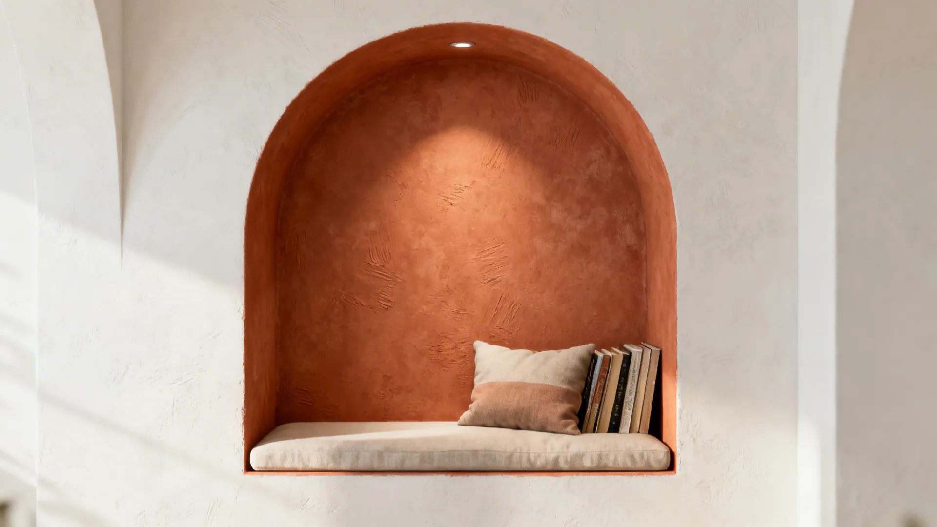 Arched wall space painted orange with a ceiling light, seat cushion, small pillow, and books