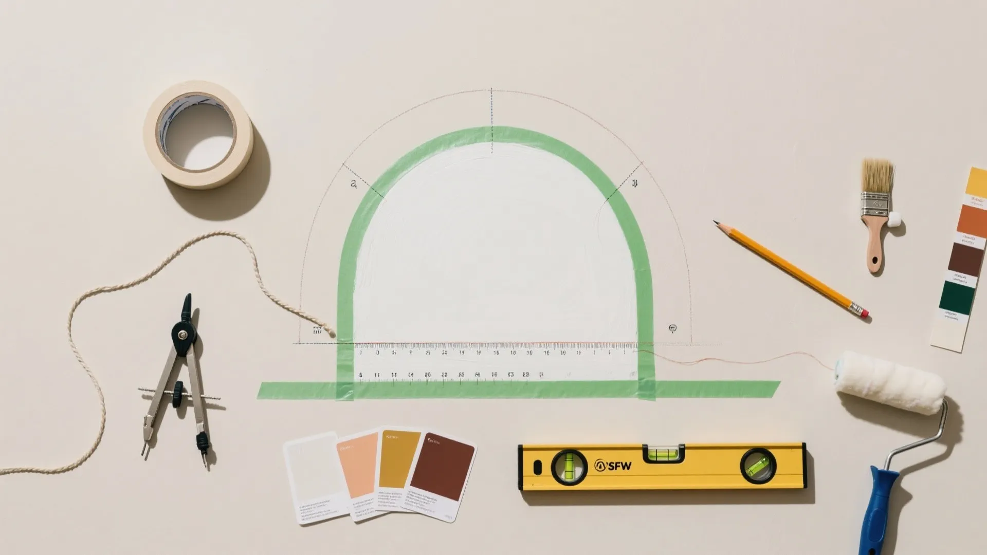 DIY wall painting tools with pencil and level used to draw an arch on beige wall