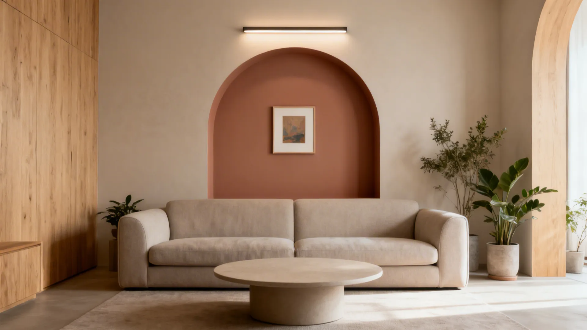 Living room with a muted clay painted arch centered behind a neutral sofa.