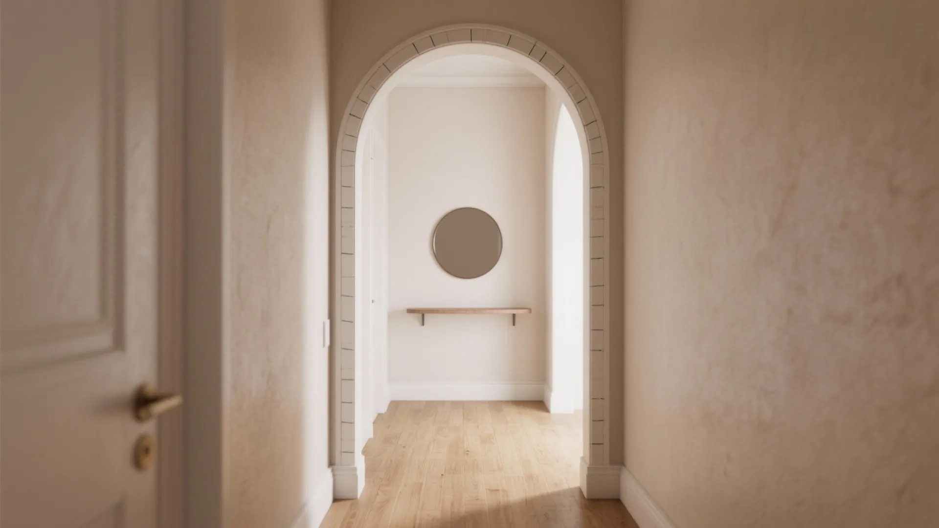 Long hallway with arched doorway leading to a round mirror and a simple wooden shelf