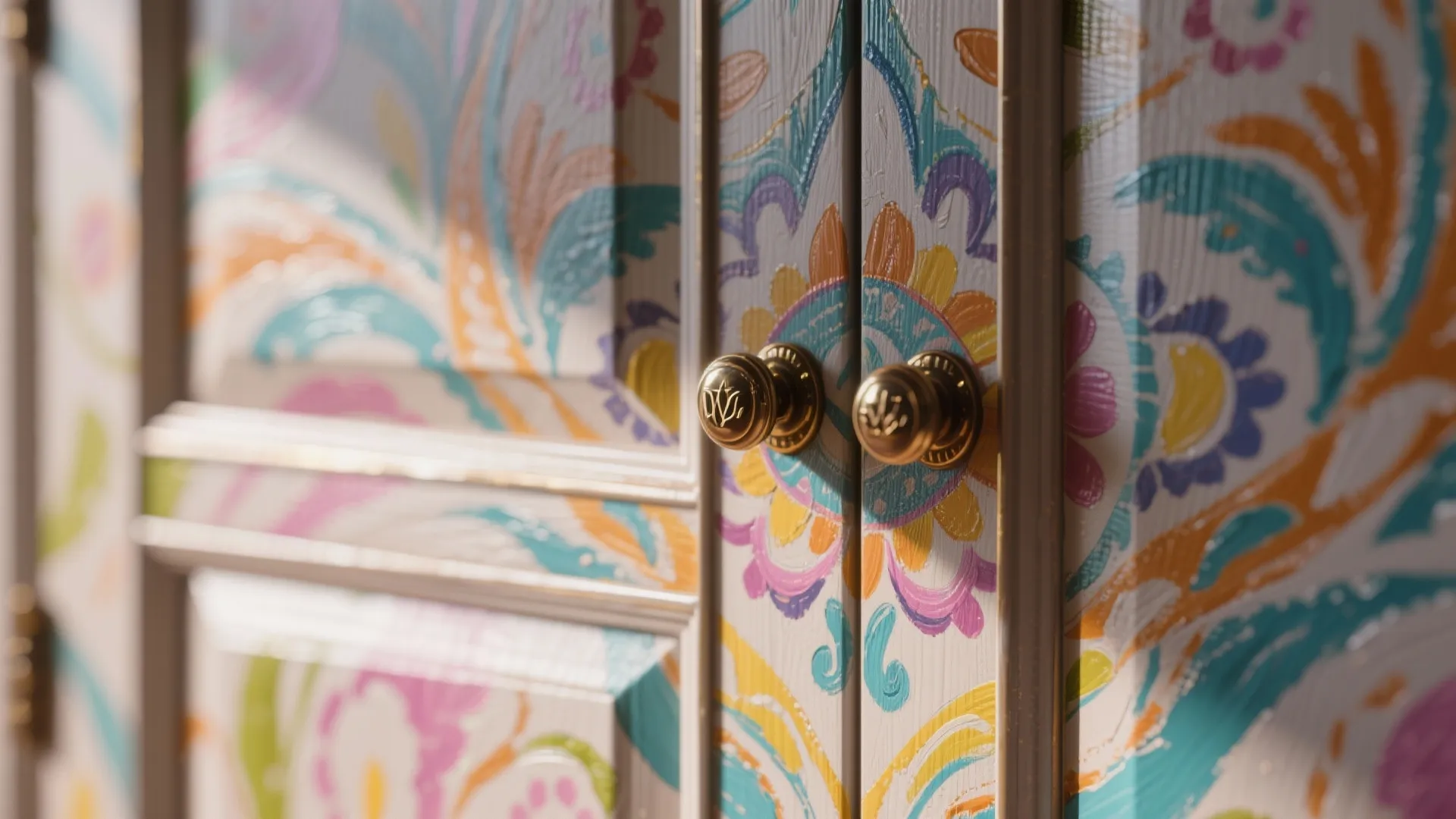 Close up of white cabinet with colorful painted flowers, gold door handles, and bright lighting