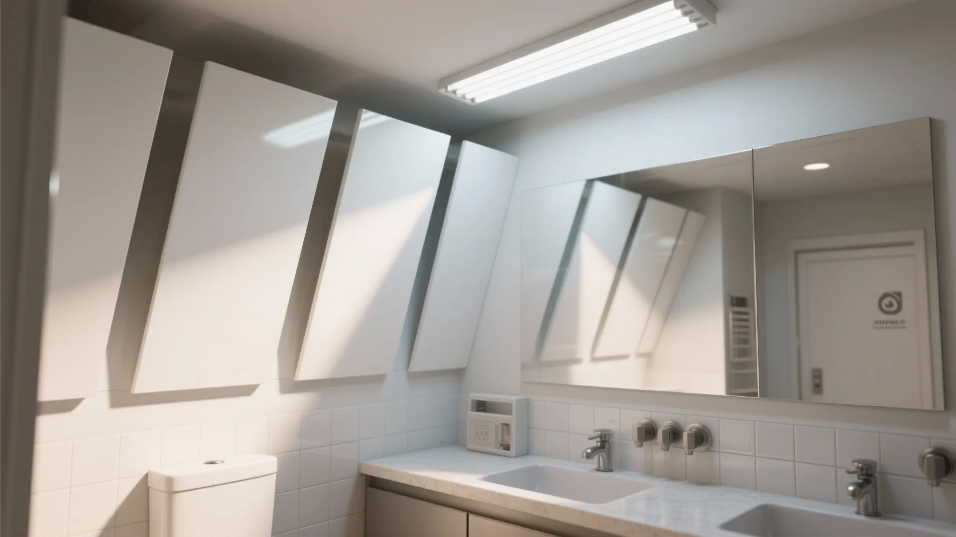 Angled high-gloss painted baffles around a fluorescent fixture softening glare and directing light.