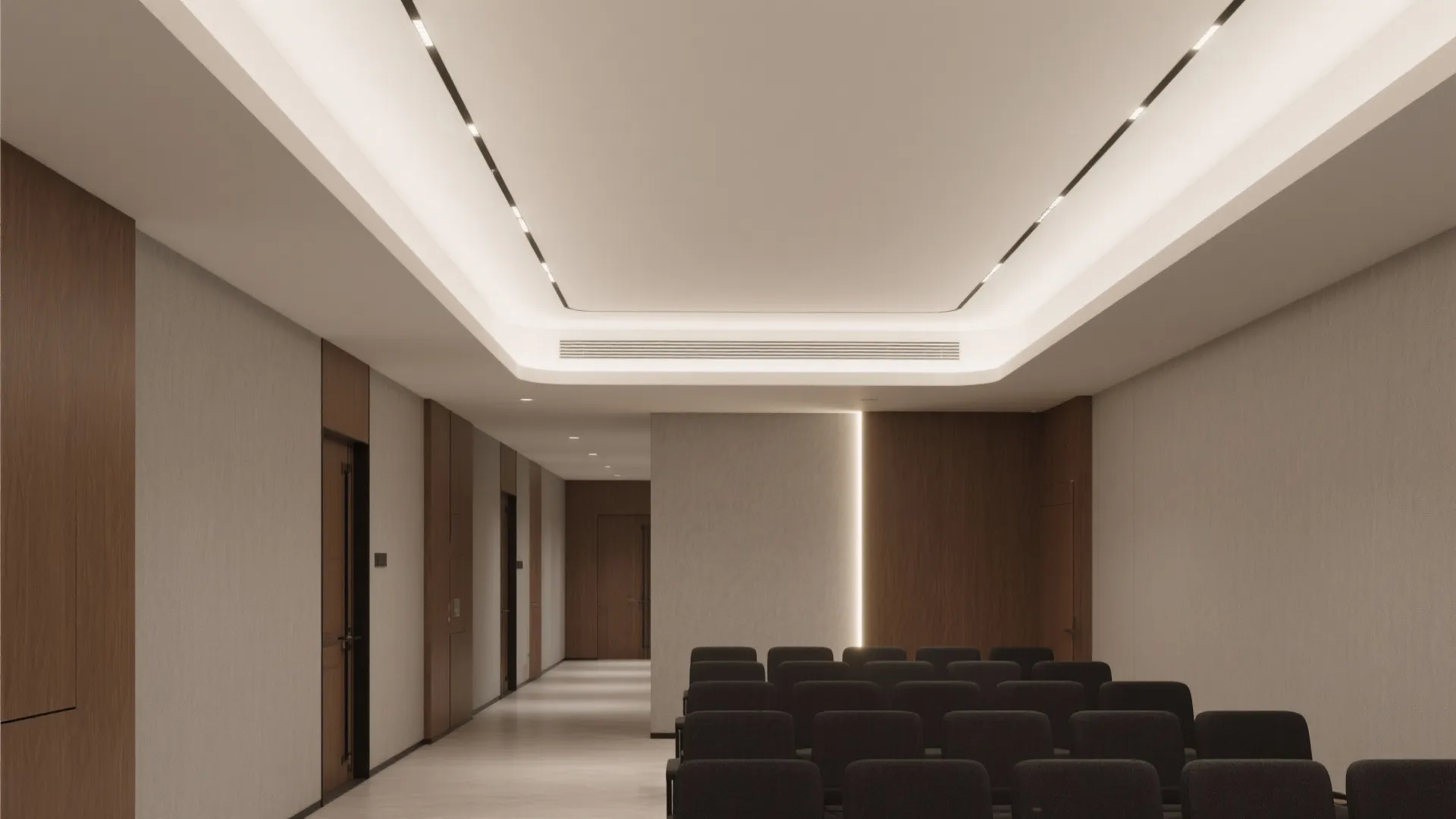 Modern office hallway with hidden ceiling lights wooden doors wall panels and rows of black chairs