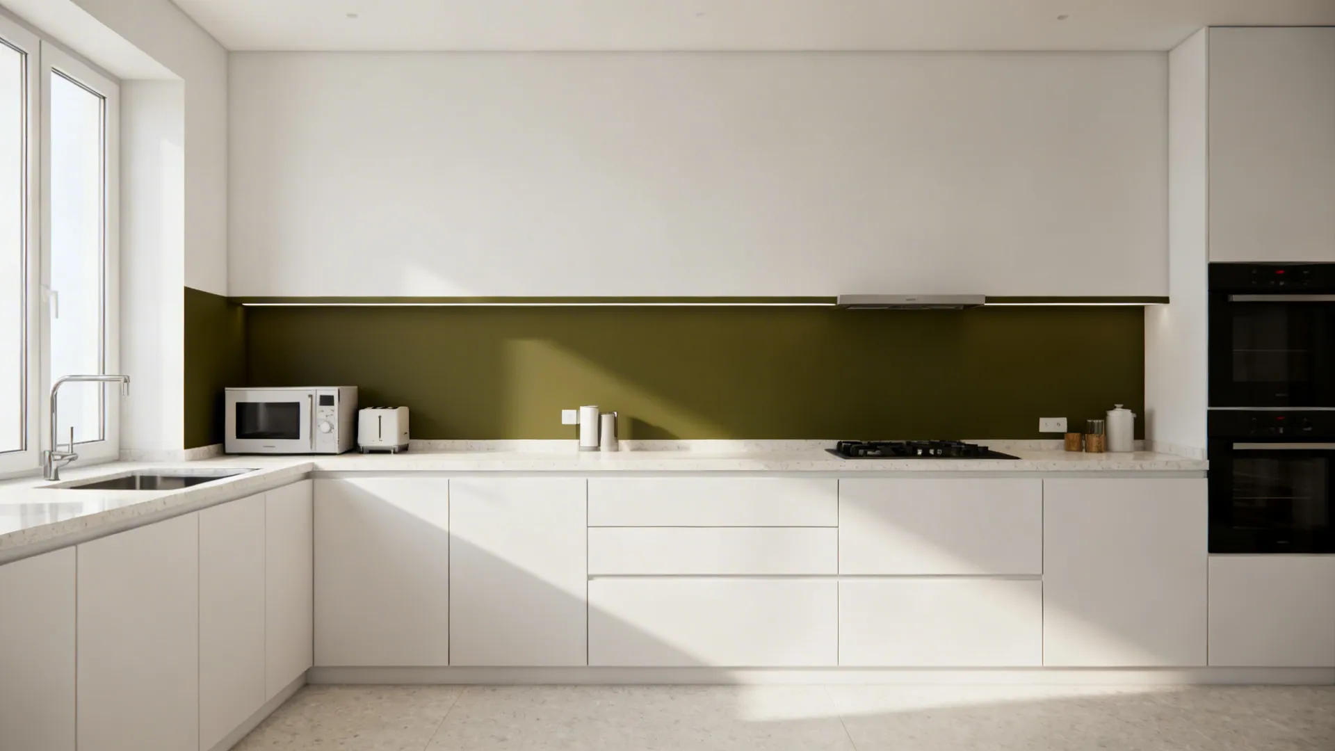 Compact kitchen with a deep olive painted backsplash band aligning with the counter.