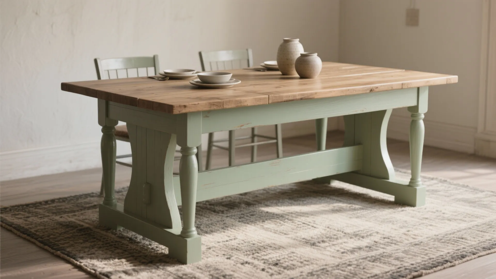 Large wooden dining table with light green painted base and thick legs on a textured rug