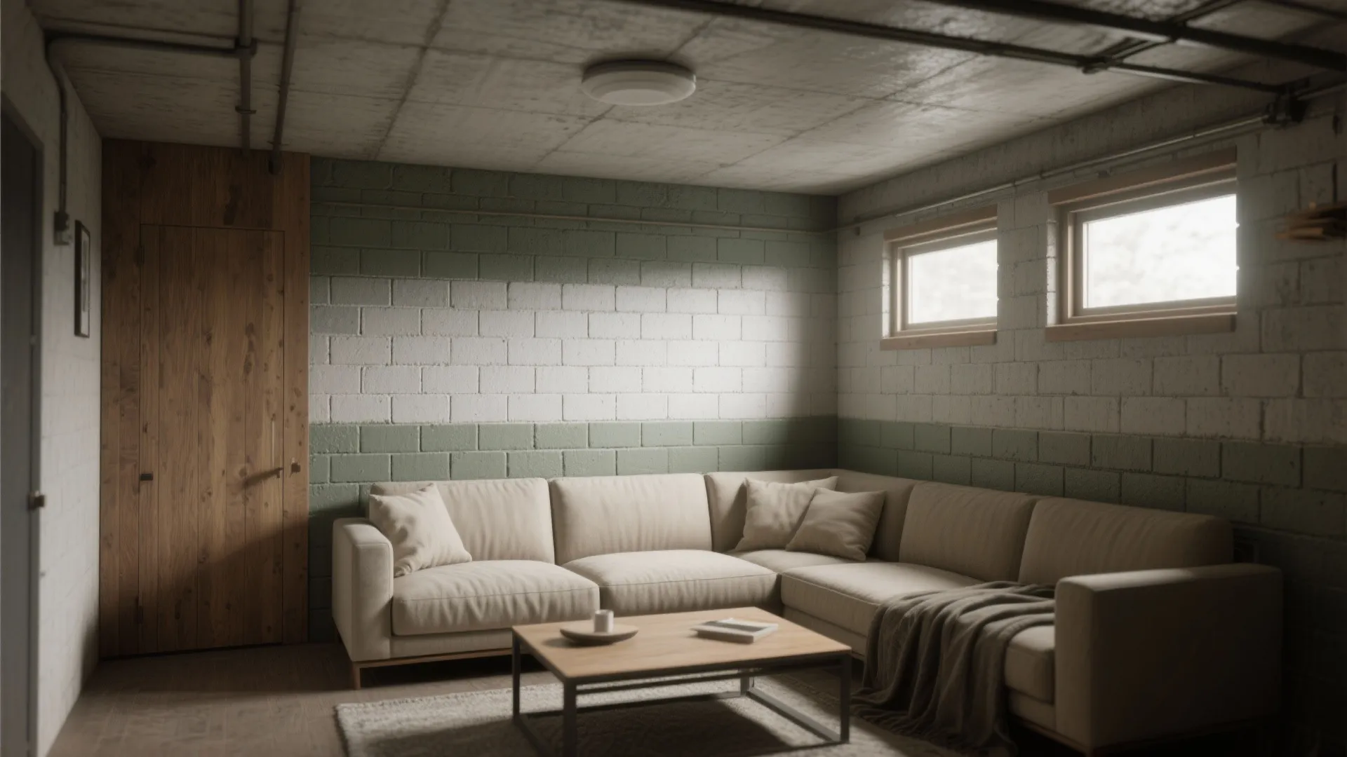 Basement living room featuring beige sofa wooden coffee table small windows green painted brick walls