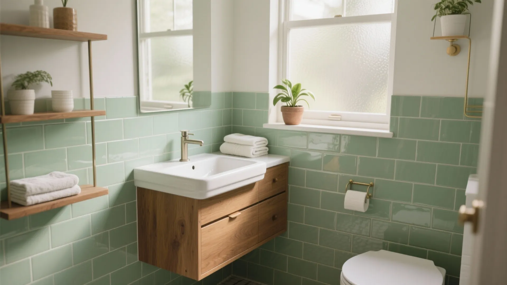 Modern bathroom with green wall tiles, wooden cabinet, white sink, open shelves, and natural window light