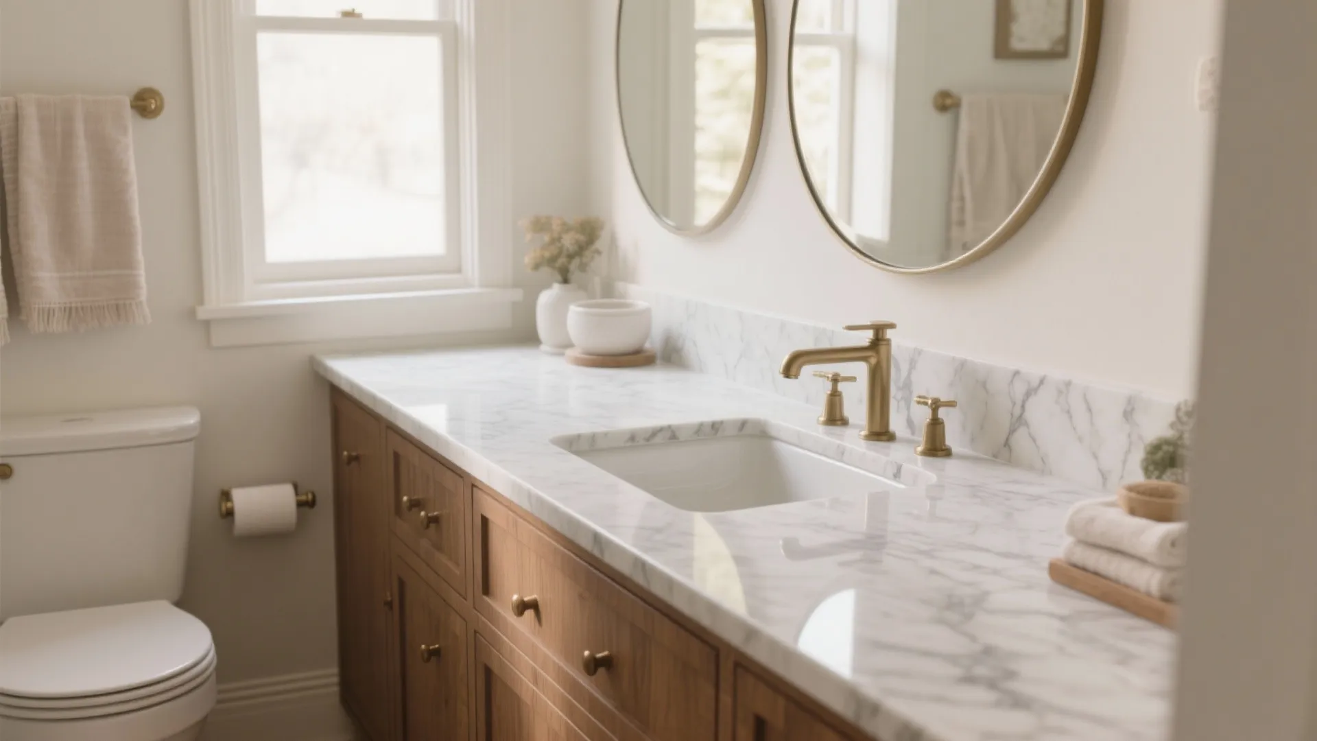 Modern bathroom with marble countertop gold faucet wooden cabinet two round mirrors and a toilet