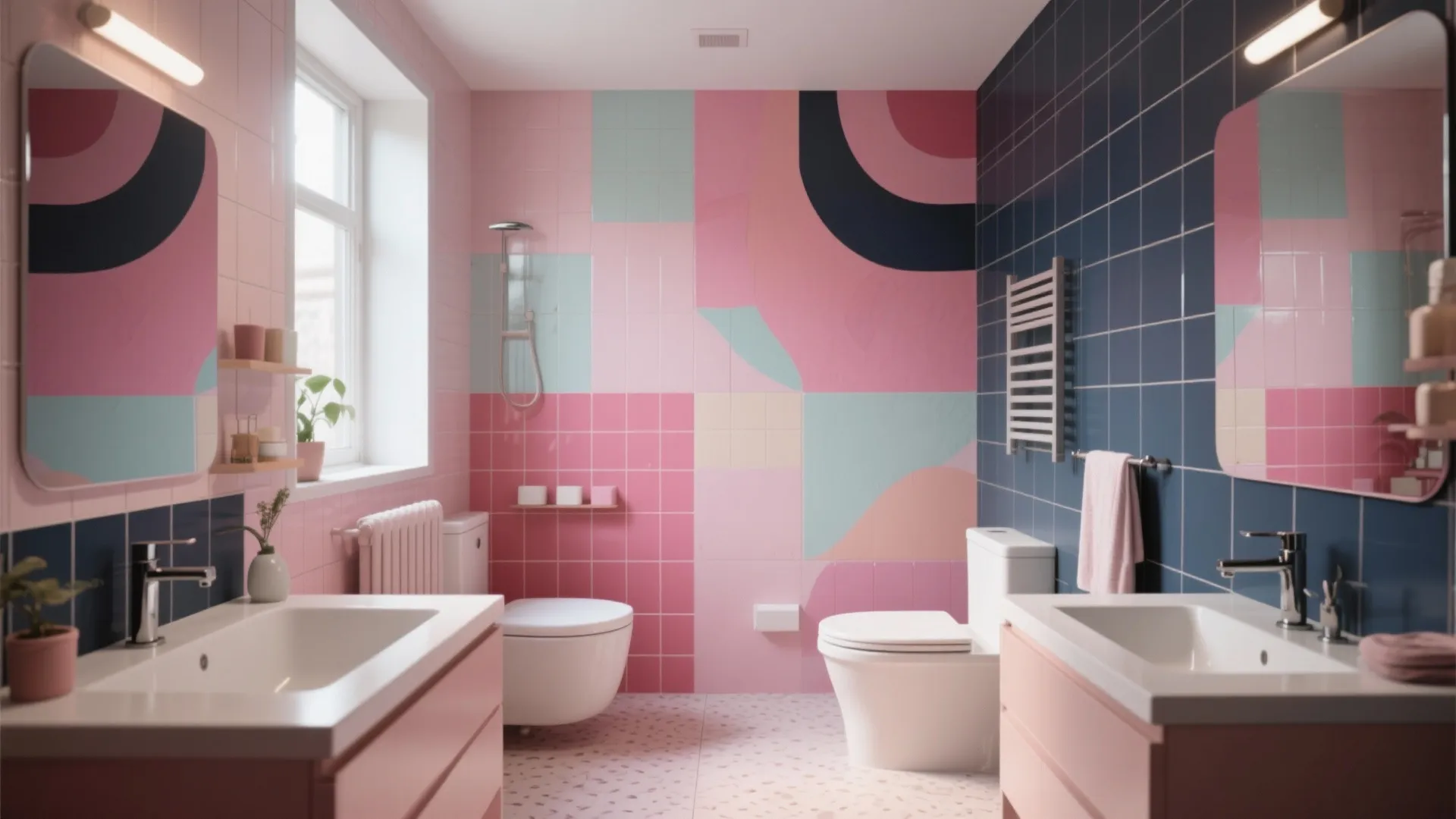 Colorful bathroom interior design with pink and blue wall tiles plus two white wash basins