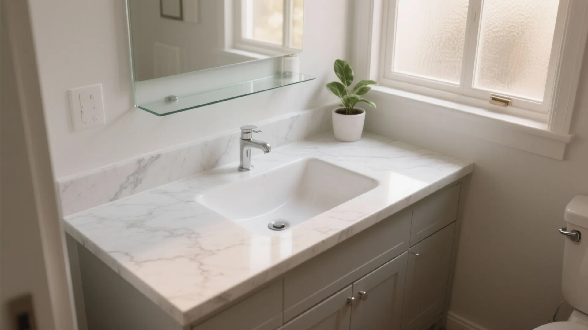 Modern bathroom with white marble countertop, grey cabinet, silver faucet, green plant, and bright window