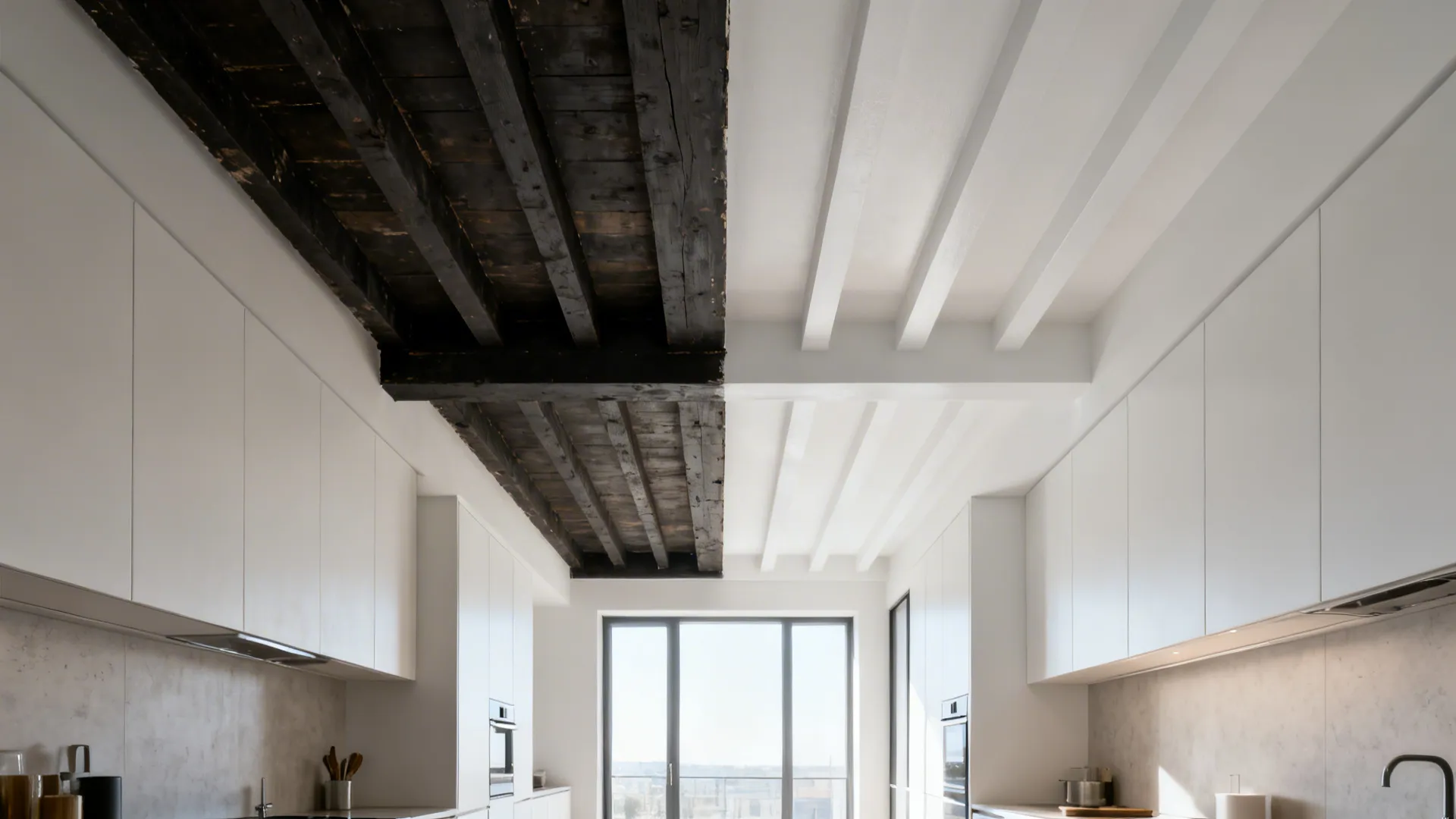 Before-and-after of a kitchen ceiling with beams painted to match the white ceiling.