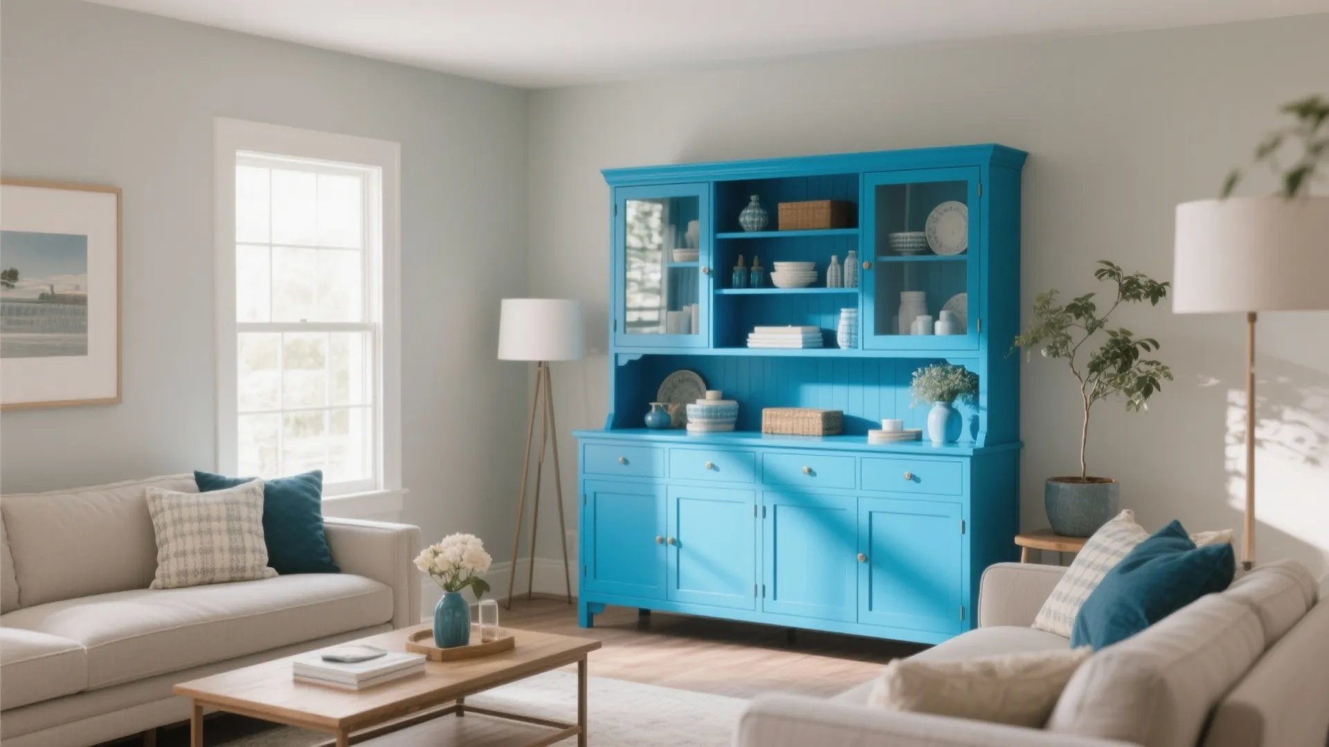 Deep blue painted hutch adding a pop of color to neutral decor