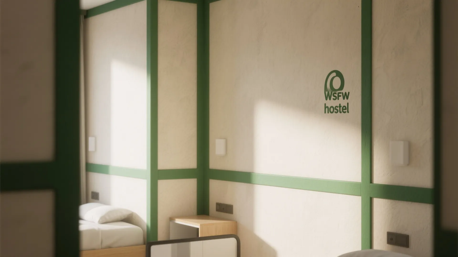 Hostel room with cream colored walls decorated by green painted borders and simple wooden furniture