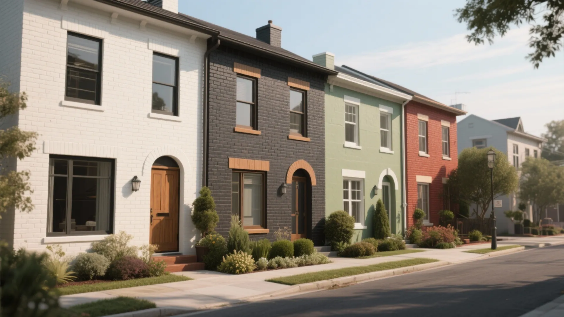 Row of colorful painted brick houses with white black green and red exterior wall finishes