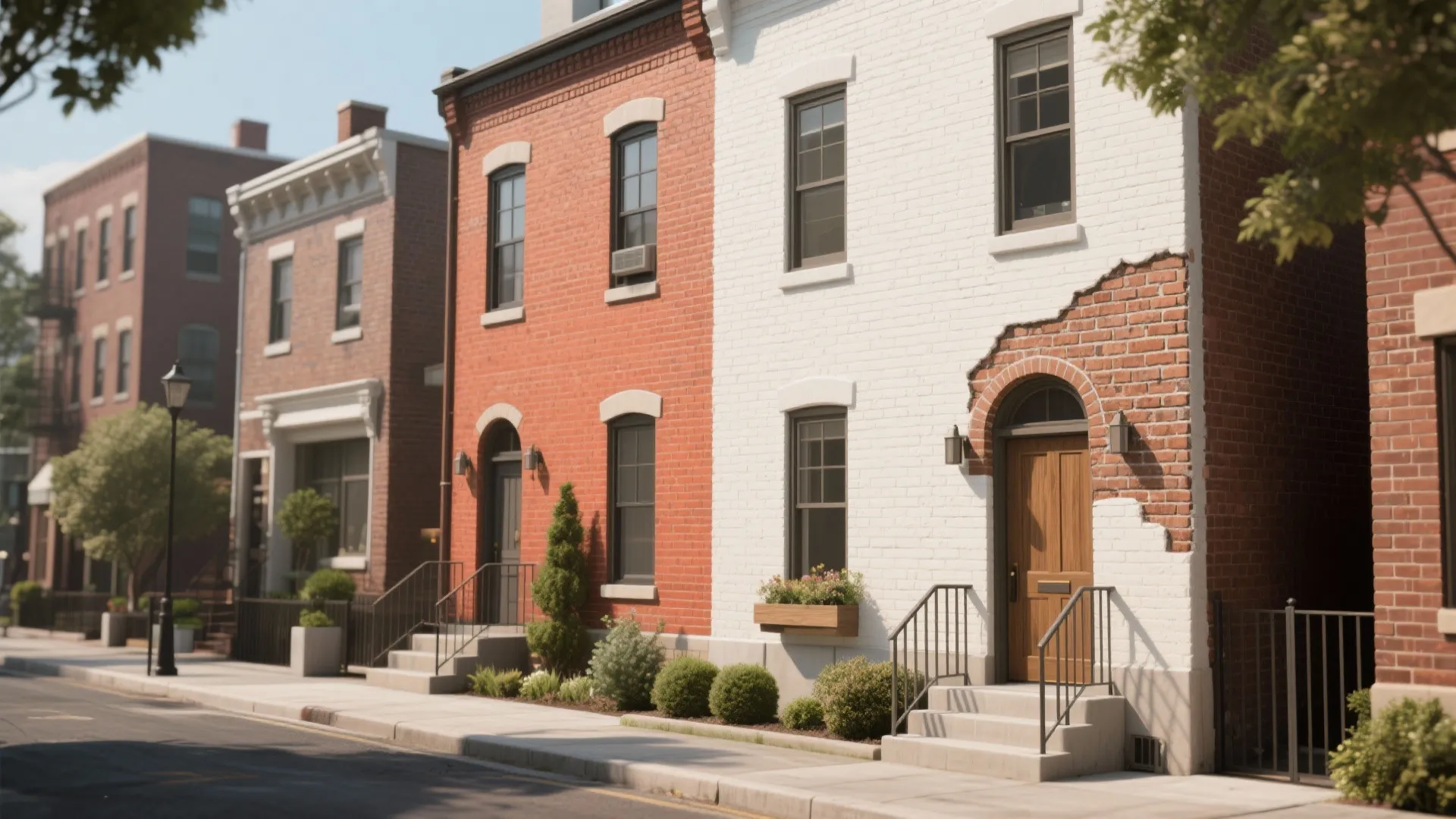 Street view of row houses featuring one red brick building and one white painted home