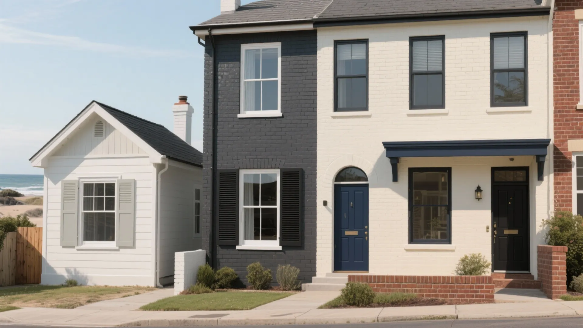 Two story house with half dark grey and half white painted brick walls and doors