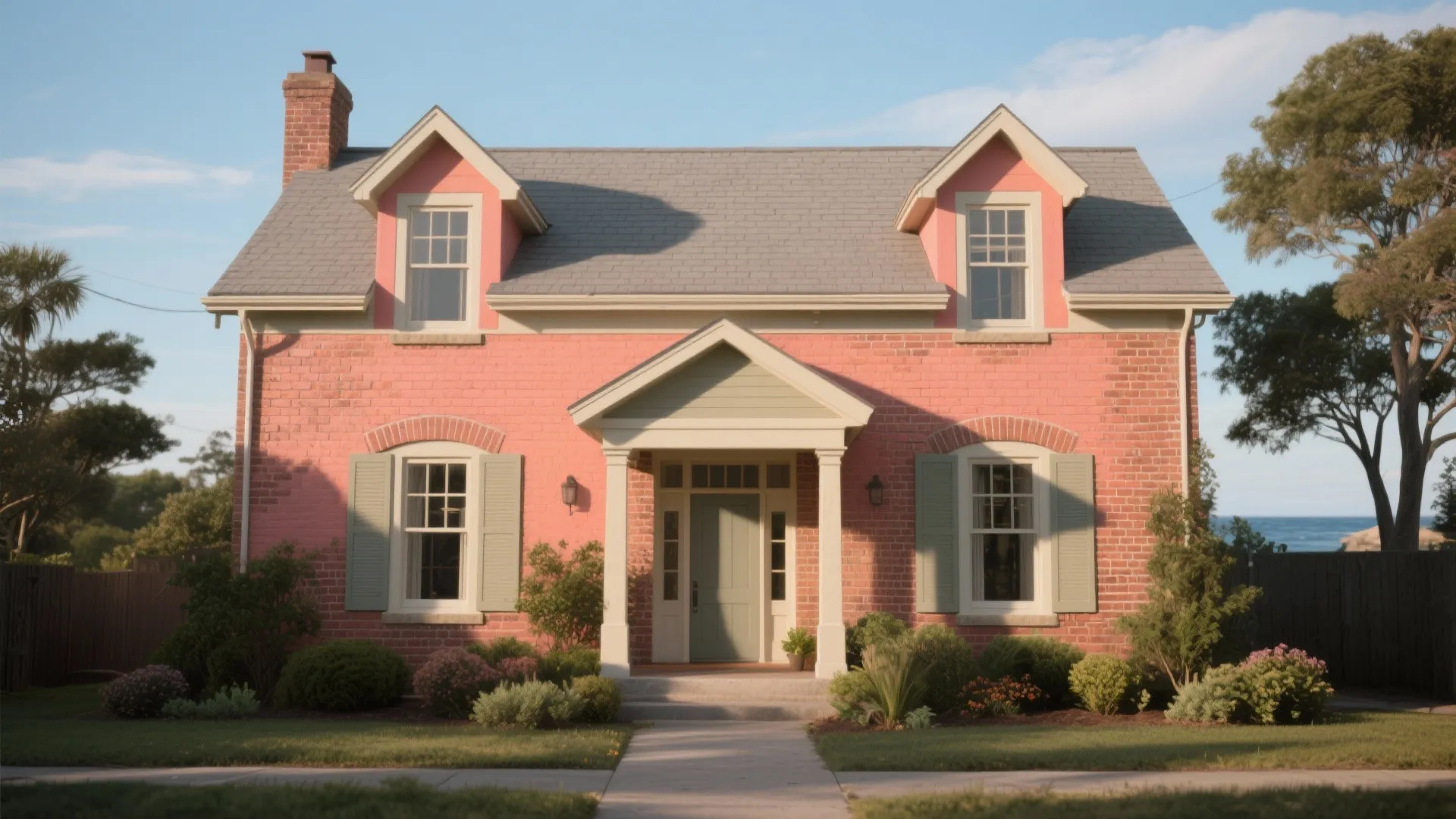 Two story pink brick house with roof windows white porch green door and beautiful front garden