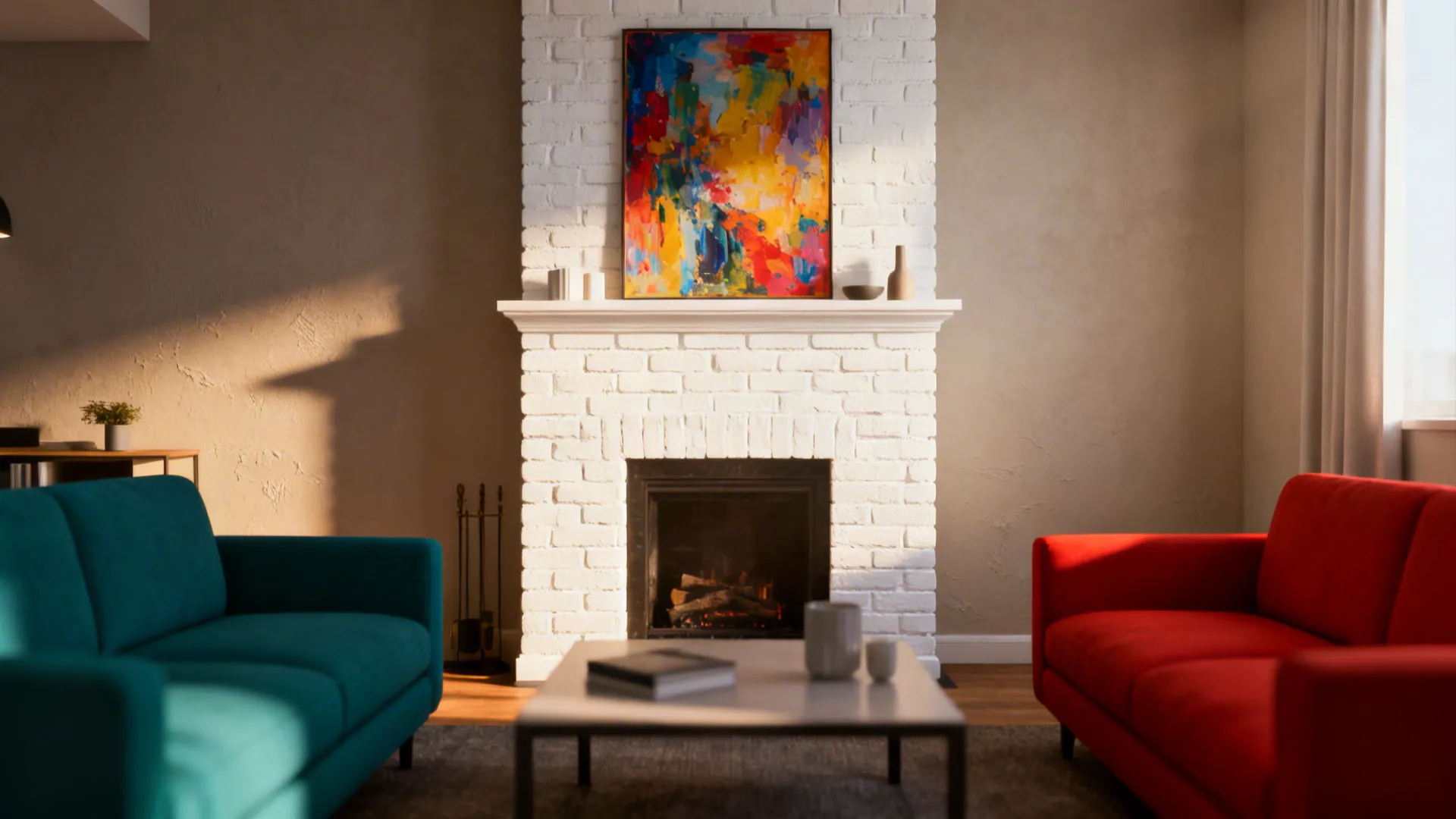 Small living room with warm white painted brick fireplace and colorful art above the mantel.