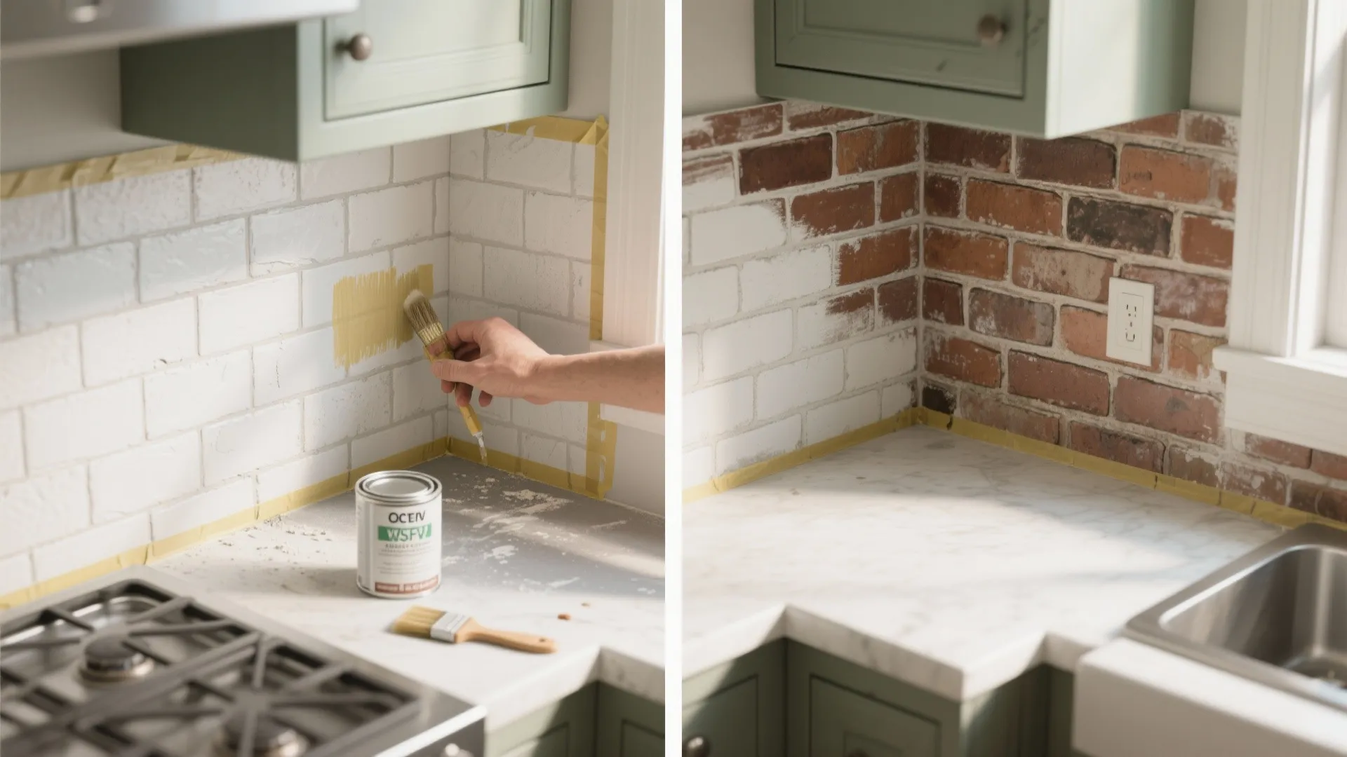Before and after process of painting a red brick wall white in a modern kitchen