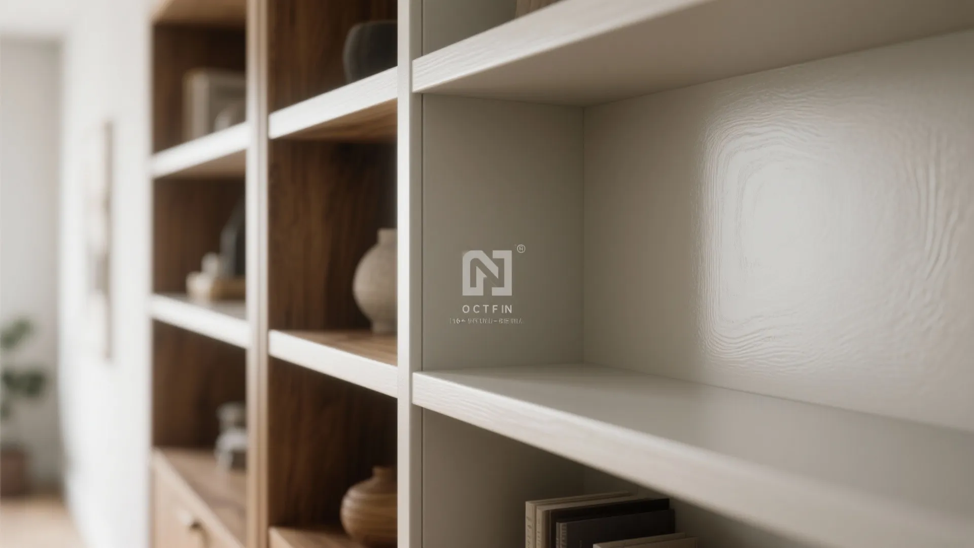 Close up of cream and wood wall cabinet shelves with decorative vases and modern books