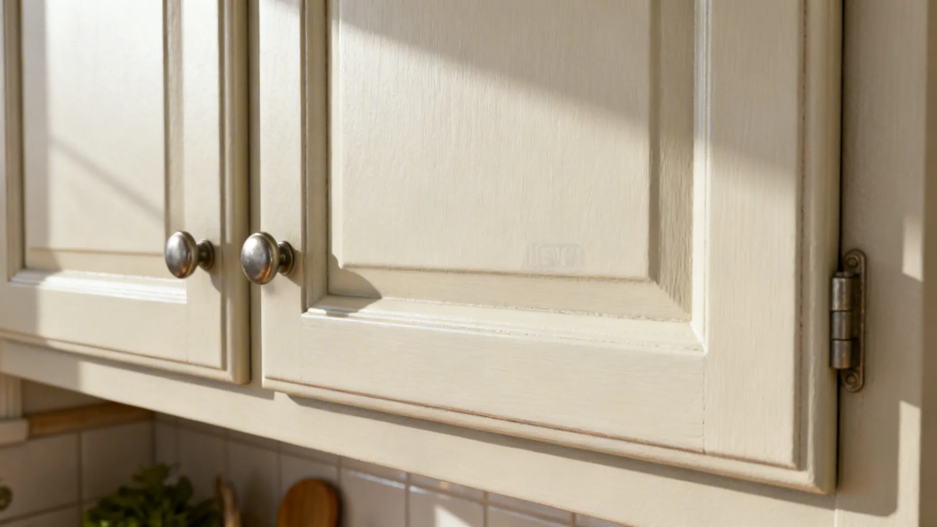 Close-up of a freshly painted small kitchen cabinet door with smooth durable finish